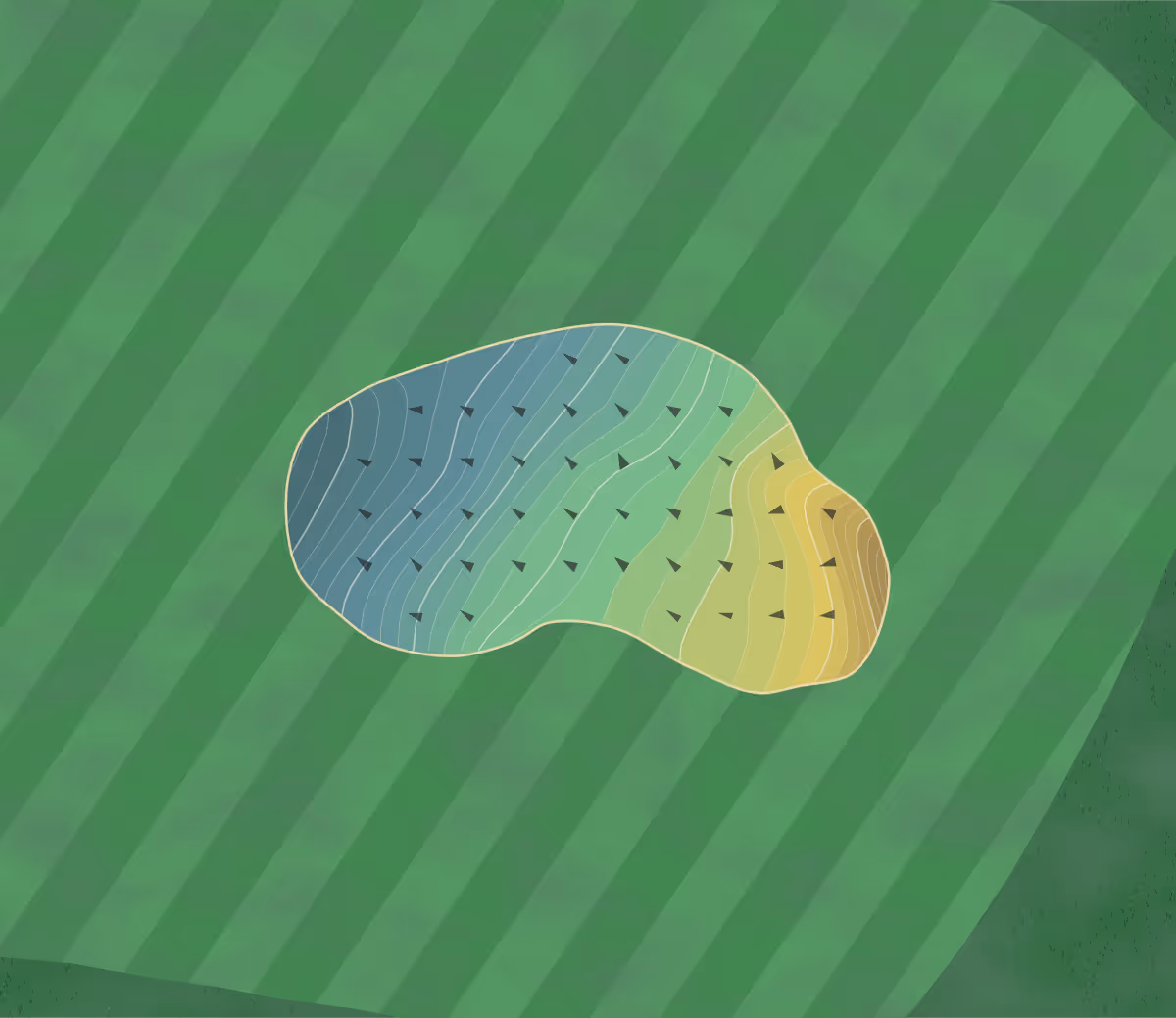 Green contour map of Ivinghoe GC in Buckinghamshire, England — 163 elevation contours at a 8-centimeter interval with fall-line arrows, traced from 1-meter lidar