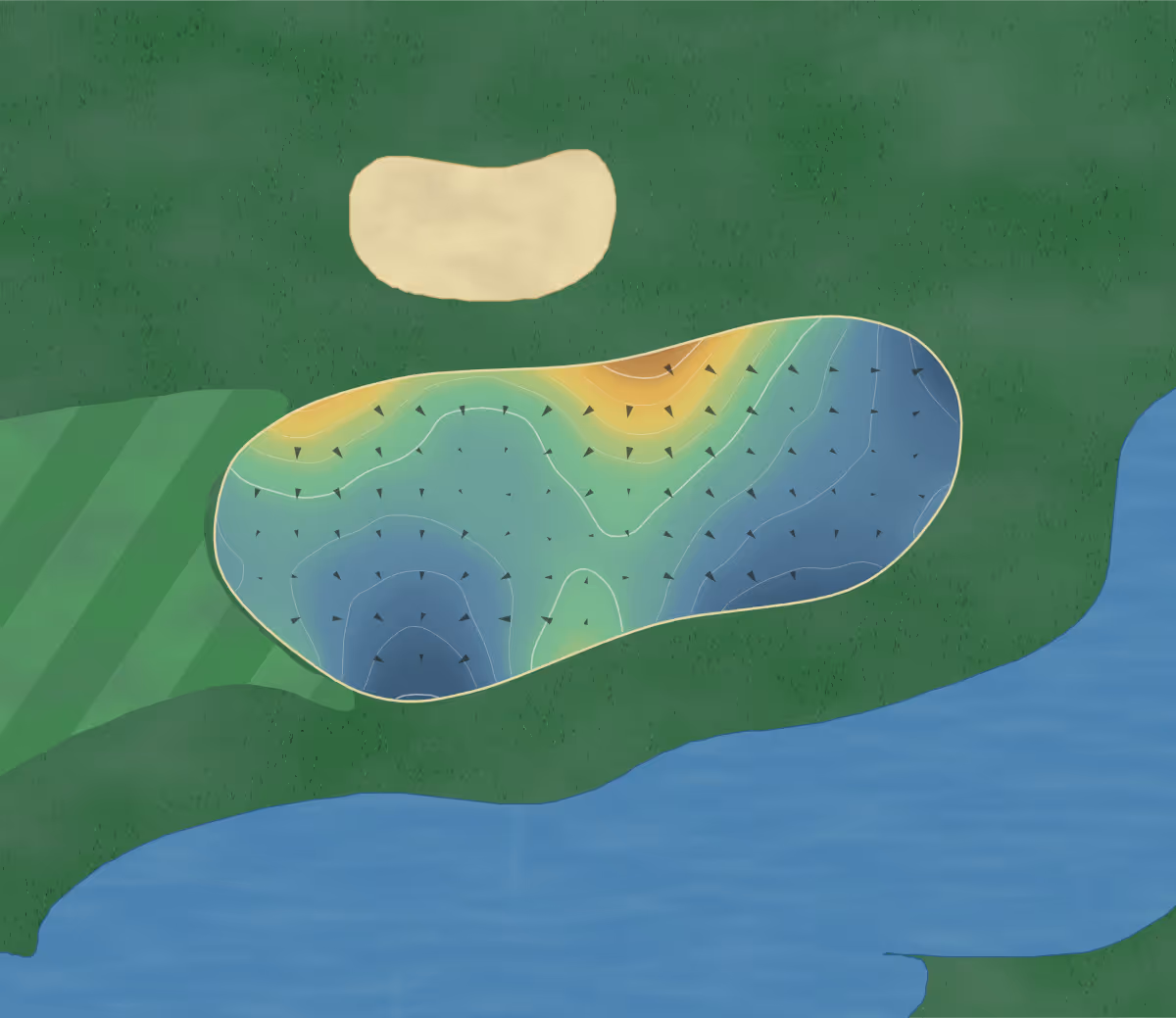 Green contour map of Izatys Resort in Onamia, Minnesota: 142 elevation contours at a 3-inch interval with fall-line arrows, traced from 1-meter lidar