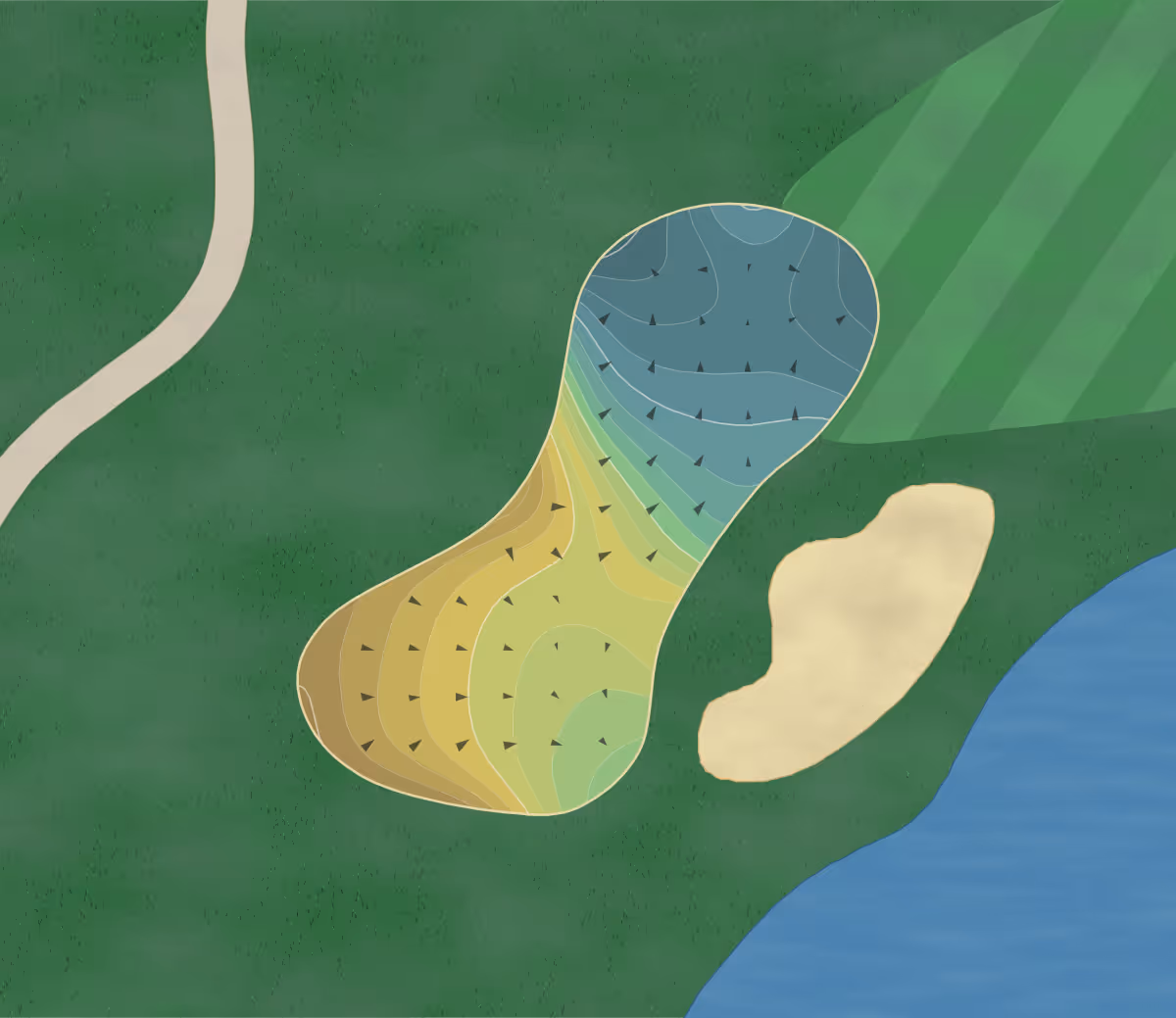Green contour map of Jack Nicklaus Private in La Quinta, California — 216 elevation contours at a 3-inch interval with fall-line arrows, traced from 1-meter lidar