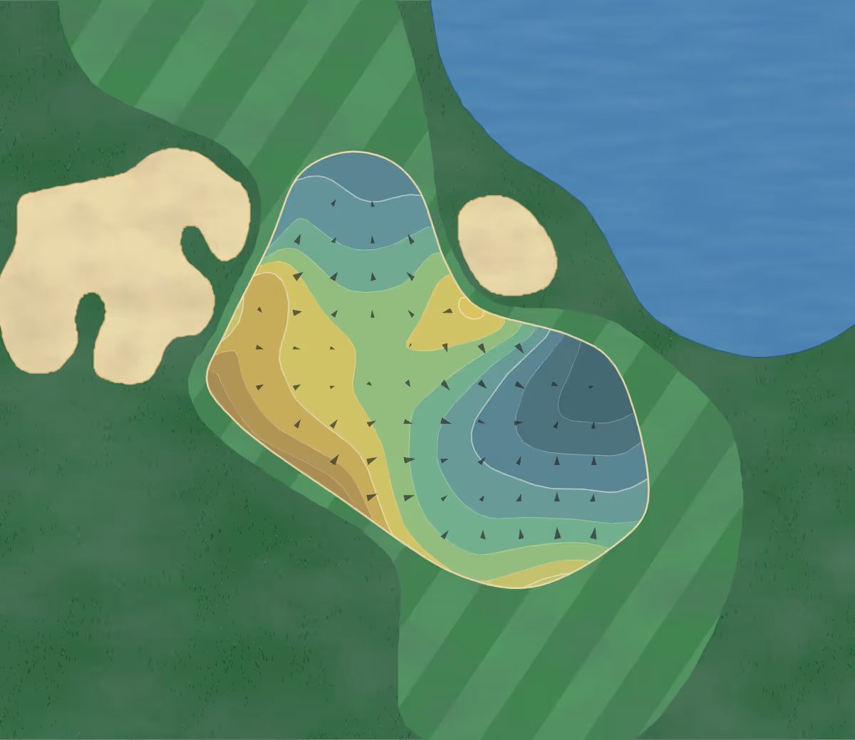 Green contour map of Carlton Woods (Nicklaus) in The Woodlands, Texas — 168 elevation contours at a 3-inch interval with fall-line arrows, traced from 1-meter lidar