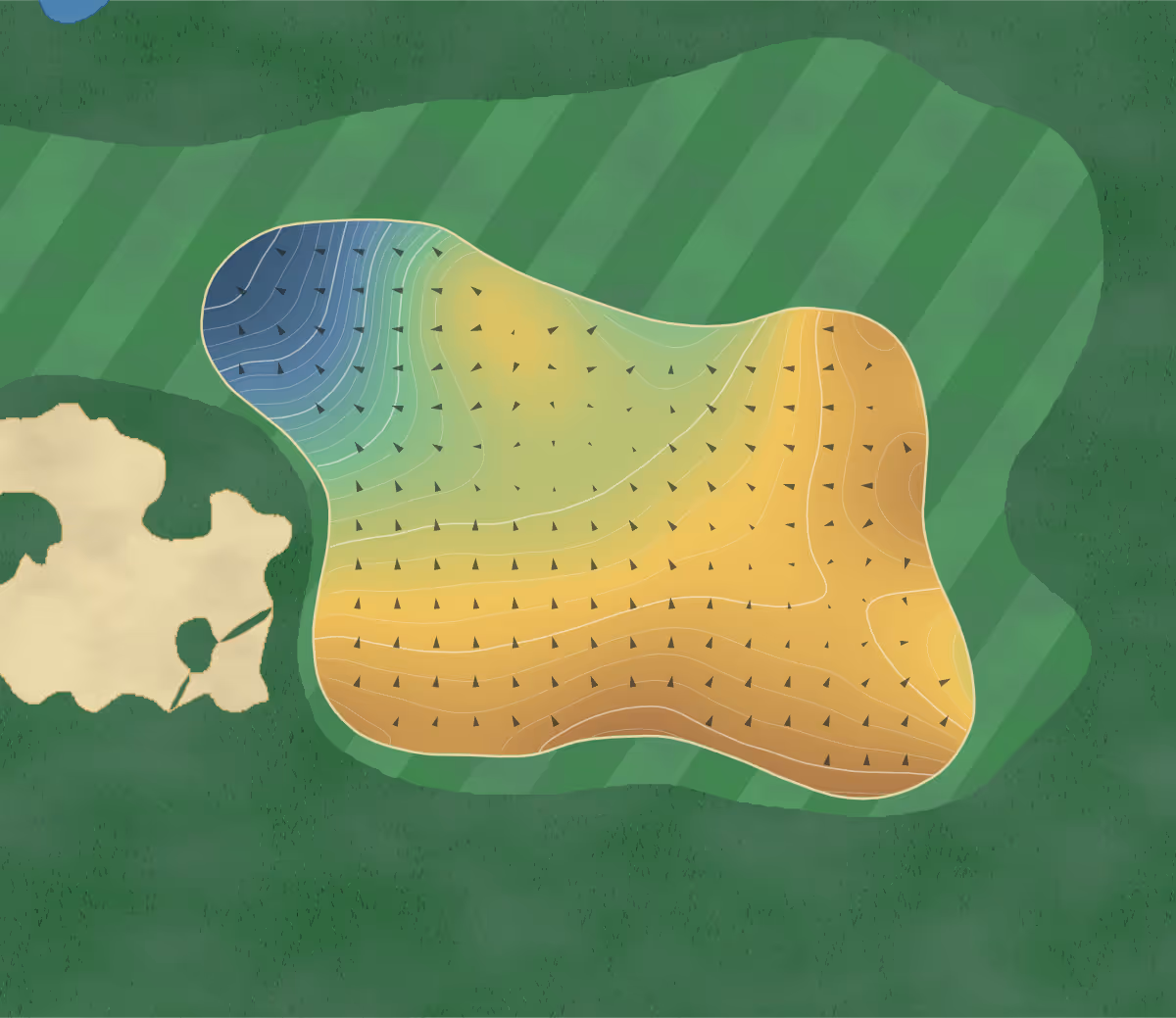 Green contour map of Jack's Point in Queenstown, New Zealand — 315 elevation contours at a 8-centimeter interval with fall-line arrows, traced from 1-meter lidar