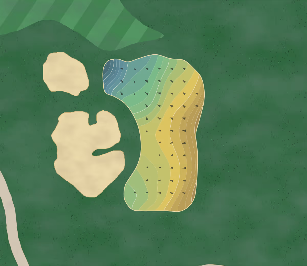 Green contour map of Jackson CC in Jackson, Tennessee — 218 elevation contours at a 3-inch interval with fall-line arrows, traced from 1-meter lidar