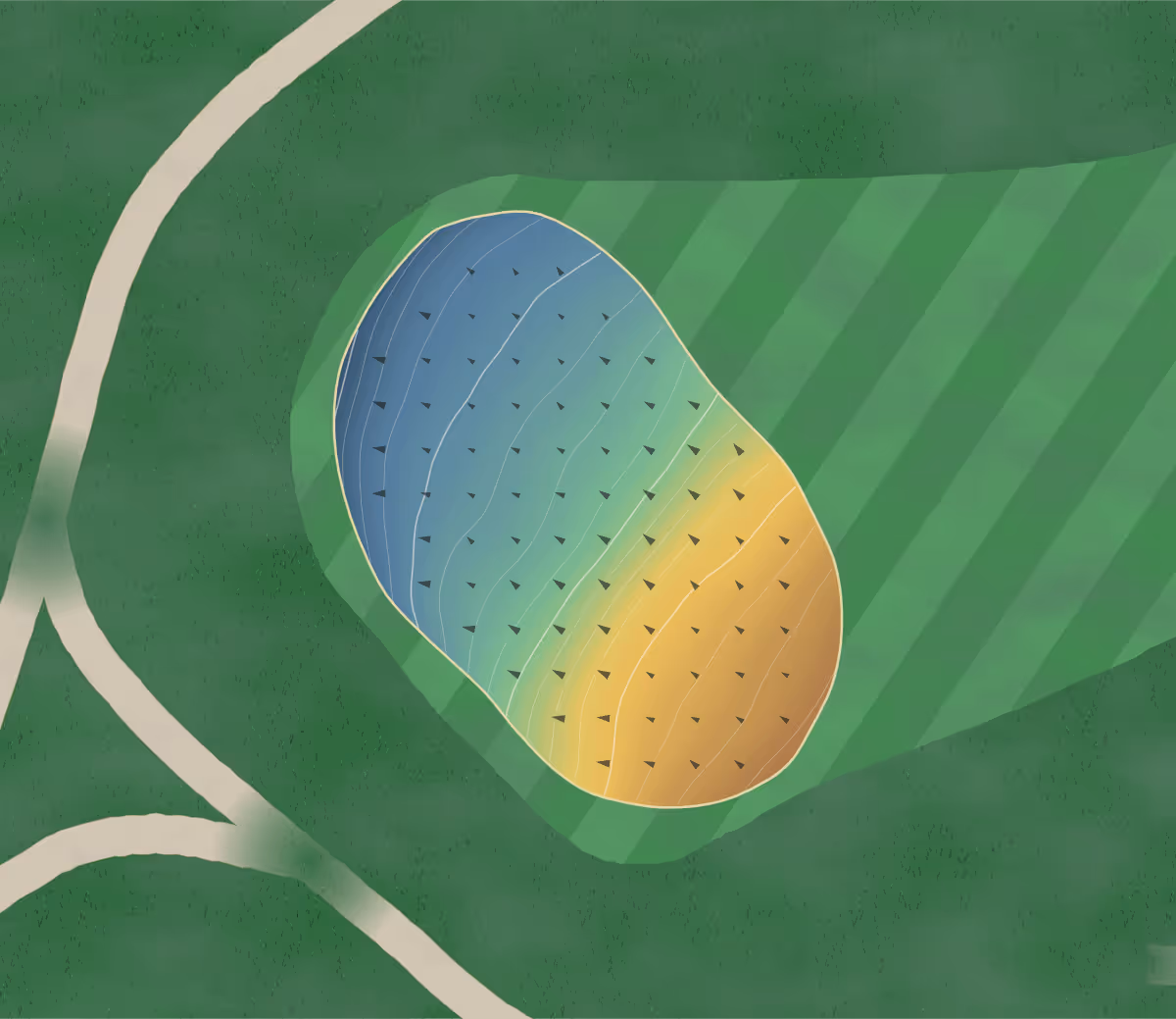 Green contour map of Jacoby Park in Laramie, Wyoming — 168 elevation contours at a 3-inch interval with fall-line arrows, traced from 1-meter lidar