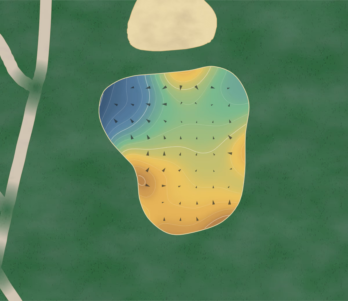 Green contour map of Jake Gaither in Tallahassee, Florida: 89 elevation contours at a 3-inch interval with fall-line arrows, traced from 1-meter lidar