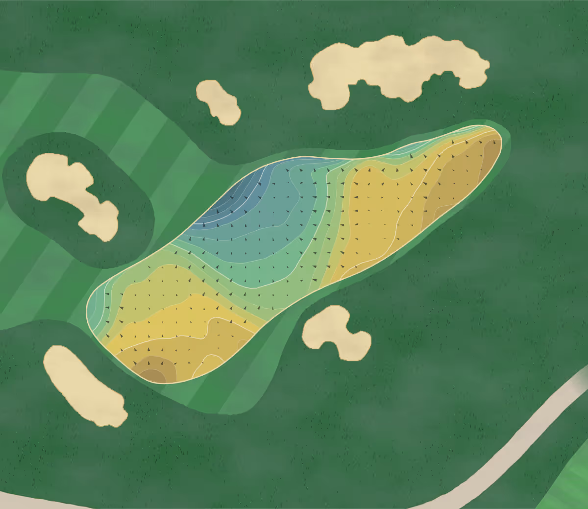 Green contour map of Jcb Golf in Rocester, England — 310 elevation contours at a 8-centimeter interval with fall-line arrows, traced from 1-meter lidar