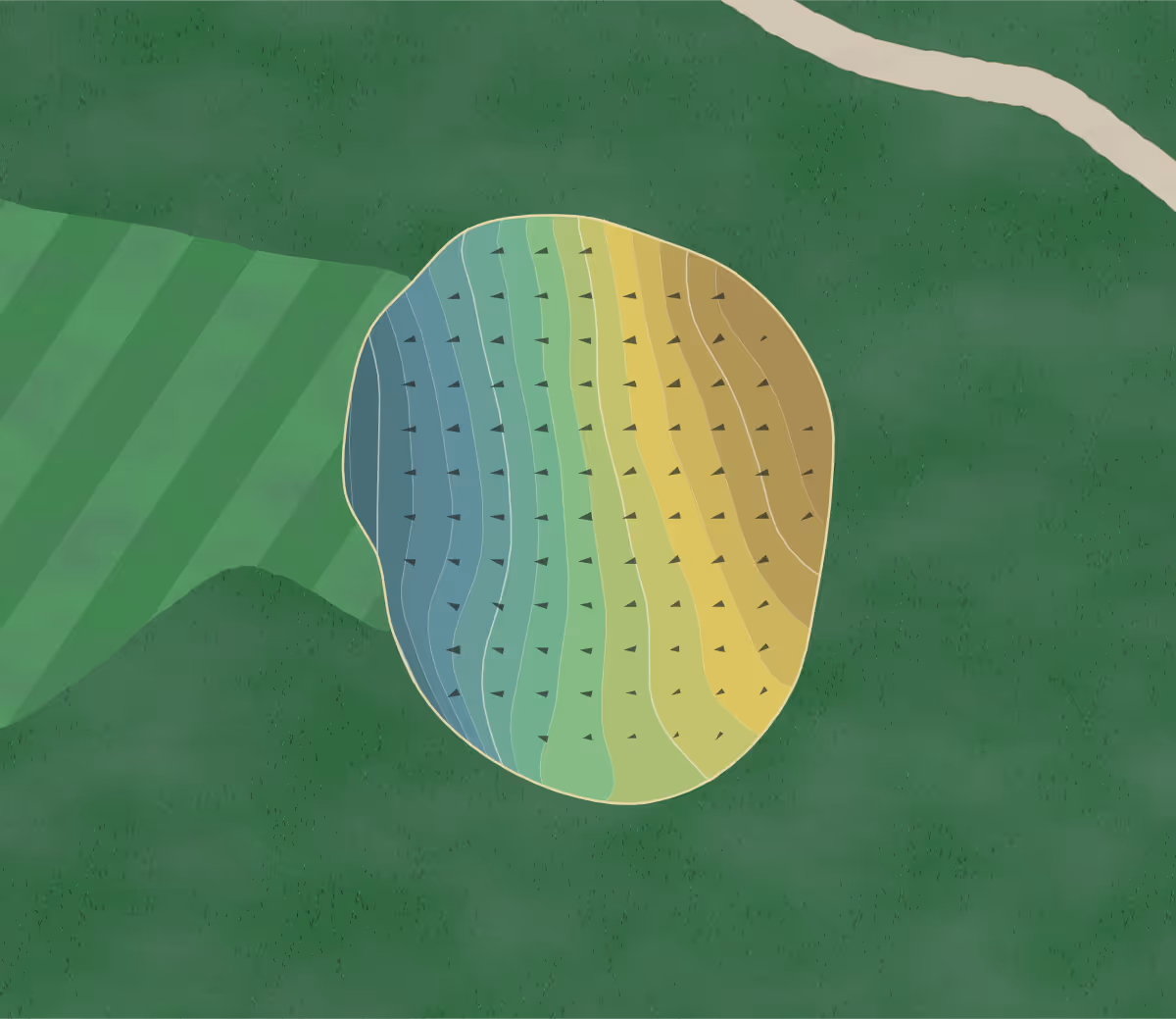 Green contour map of Jefferson Hills in Rigby, Idaho — 157 elevation contours at a 3-inch interval with fall-line arrows, traced from 1-meter lidar
