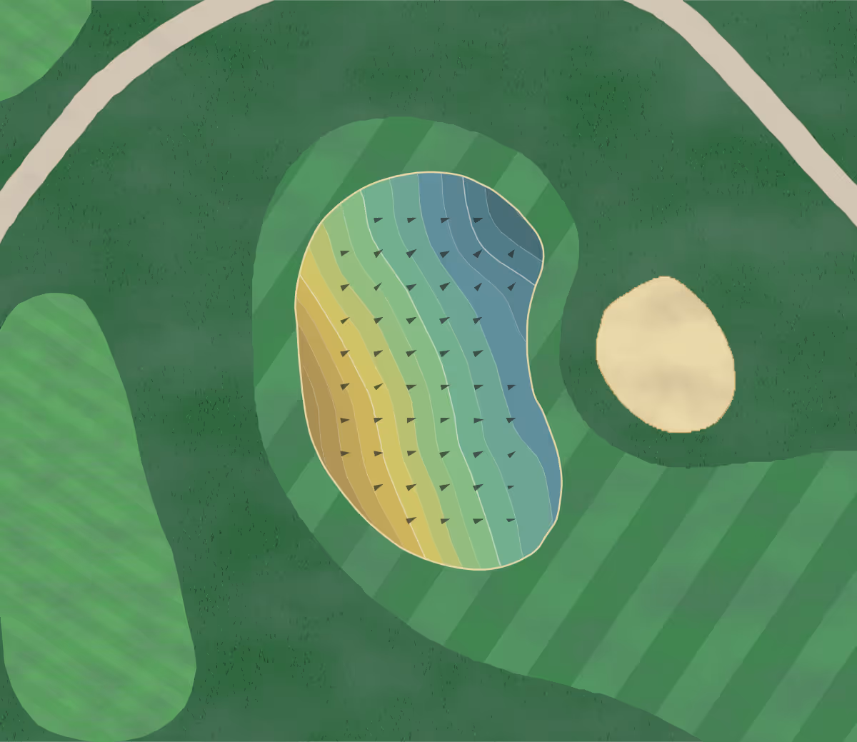 Green contour map of Jefferson Park in Seattle, Washington — 184 elevation contours at a 3-inch interval with fall-line arrows, traced from 1-meter lidar