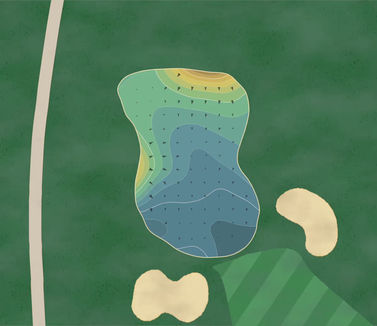 Green contour map of Jewel - Woods Nine in Mackinac Island, Michigan — 125 elevation contours at a 3-inch interval with fall-line arrows, traced from 1-meter lidar