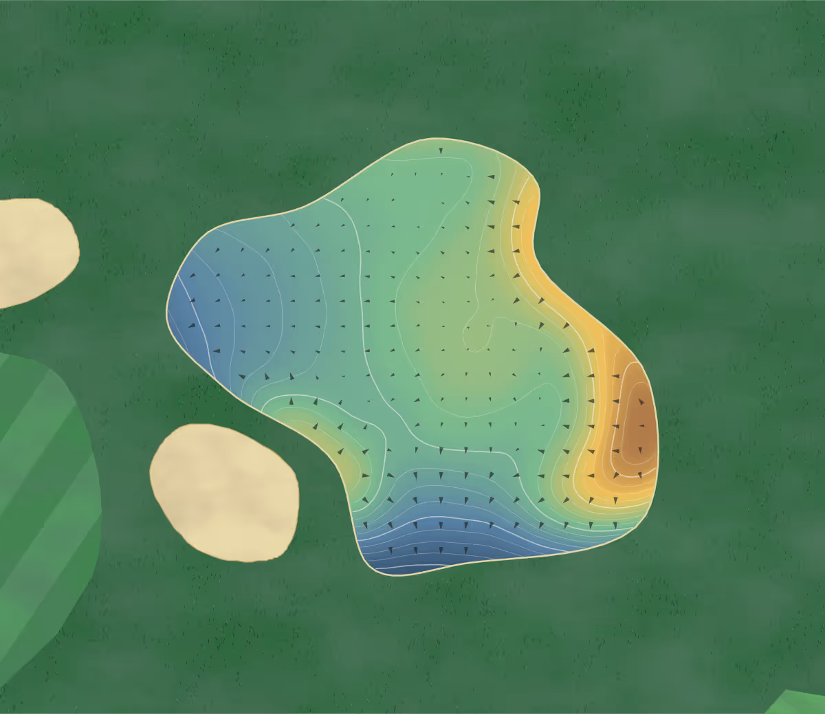 Green contour map of John Blumberg in Portage Avenue, Canada: 319 elevation contours at a 8-centimeter interval with fall-line arrows, traced from 1-meter lidar