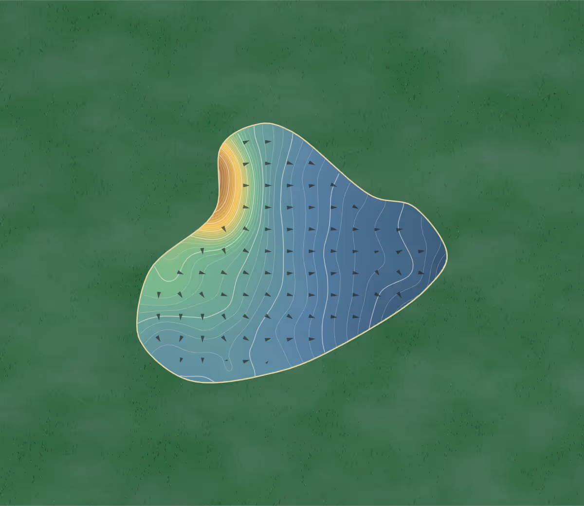 Green contour map of John O'Gaunt in Sandy, England: 251 elevation contours at a 8-centimeter interval with fall-line arrows, traced from 1-meter lidar