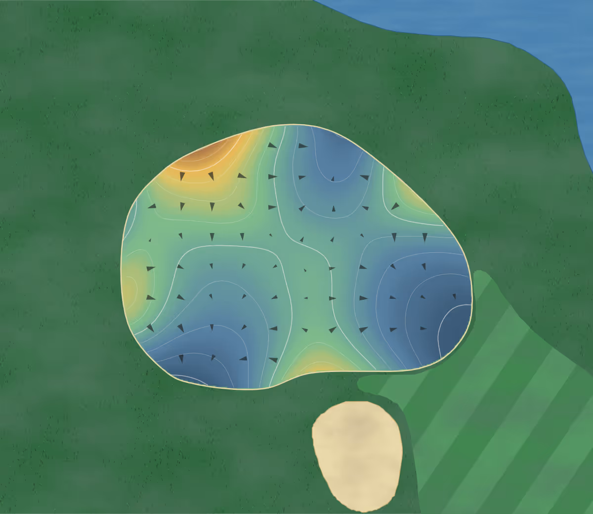 Green contour map of John's Island Club in Vero Beach, Florida — 157 elevation contours at a 3-inch interval with fall-line arrows, traced from 1-meter lidar