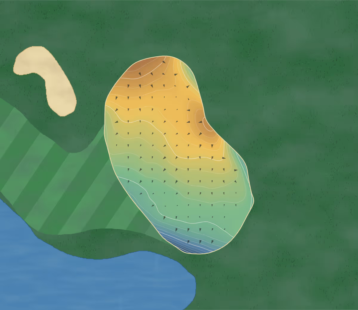 Green contour map of Jonathan's Landing in Malta, New Jersey — 214 elevation contours at a 3-inch interval with fall-line arrows, traced from 1-meter lidar