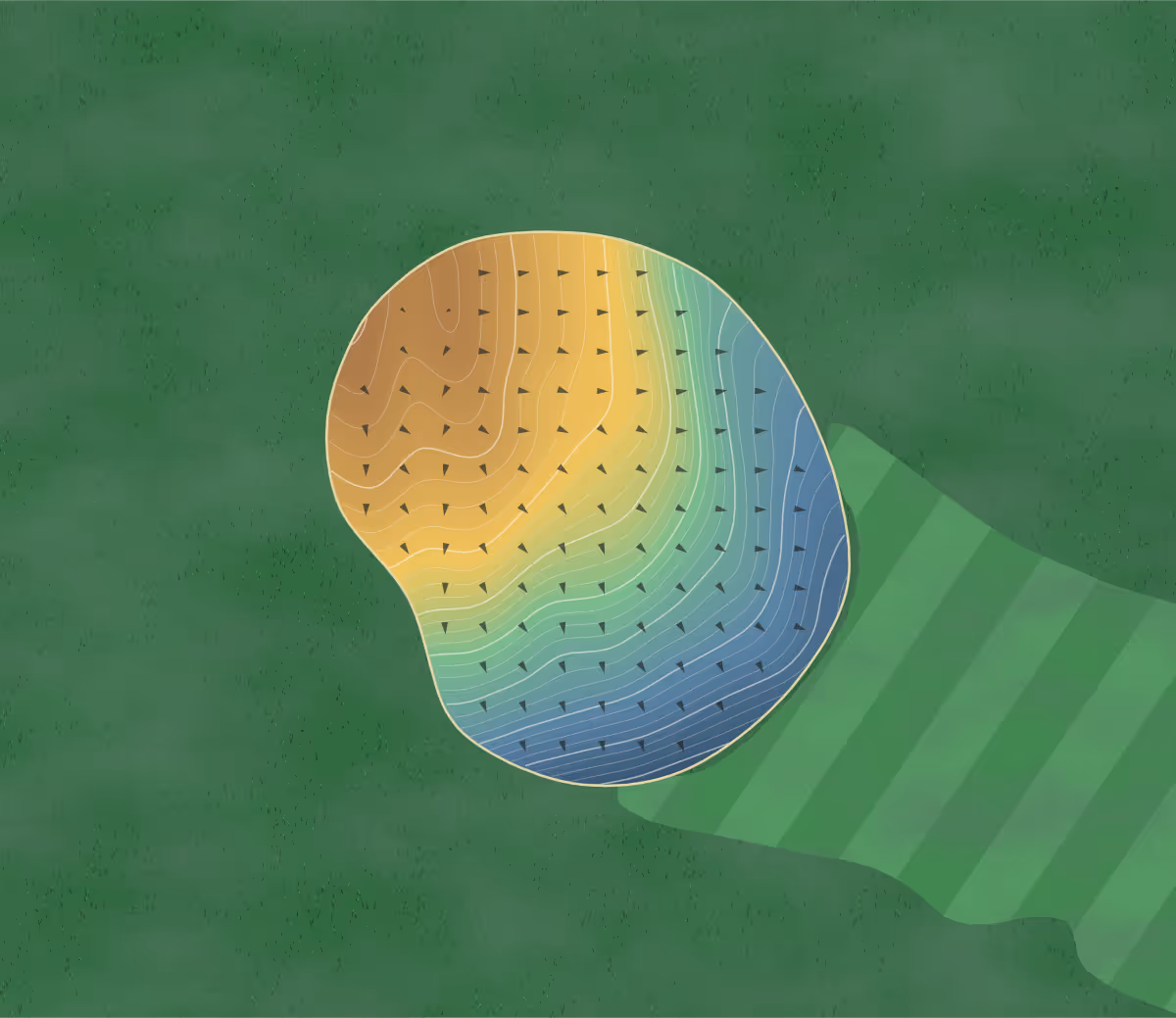 Green contour map of JR Golf Course in Wetaskiwin, Canada: 175 elevation contours at a 8-centimeter interval with fall-line arrows, traced from 1-meter lidar