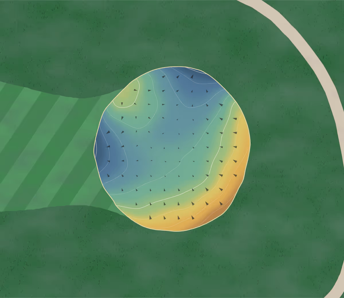 Green contour map of Juniper Hill - Golf in Northborough, Massachusetts — 132 elevation contours at a 3-inch interval with fall-line arrows, traced from 1-meter lidar