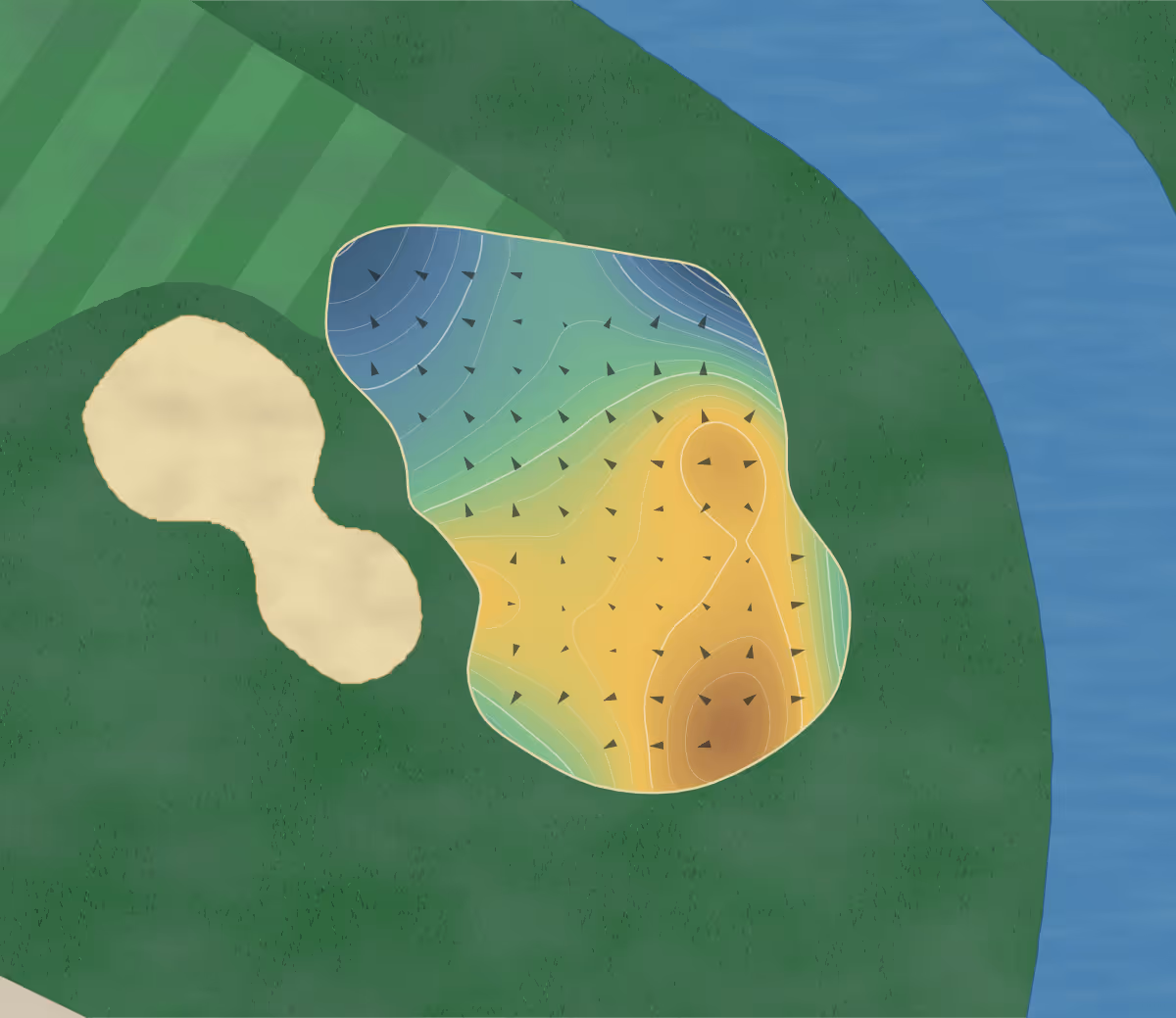 Green contour map of Juniper Hills in Pocatello, Idaho: 216 elevation contours at a 3-inch interval with fall-line arrows, traced from 1-meter lidar