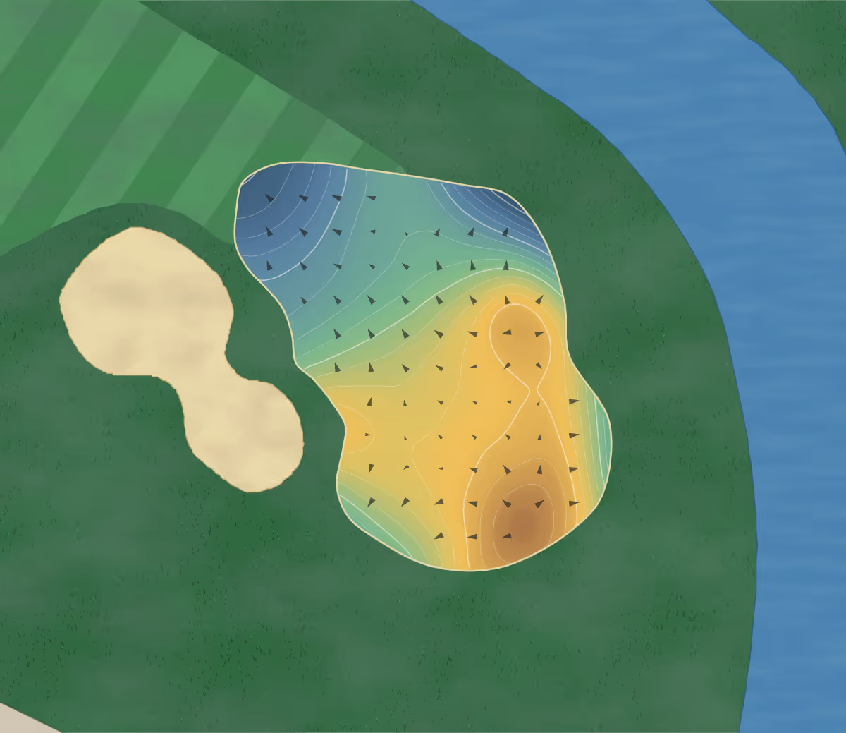 Green contour map of Juniper Hills in Pocatello, Idaho — 216 elevation contours at a 3-inch interval with fall-line arrows, traced from 1-meter lidar