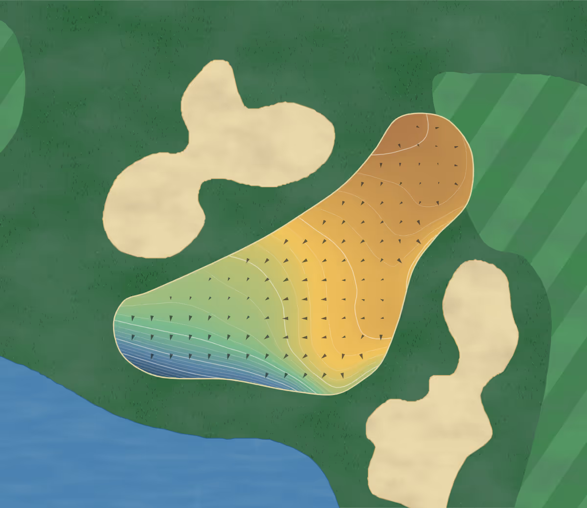 Green contour map of K Club in Straffan, Ireland: 232 elevation contours at a 8-centimeter interval with fall-line arrows, traced from 1-meter lidar