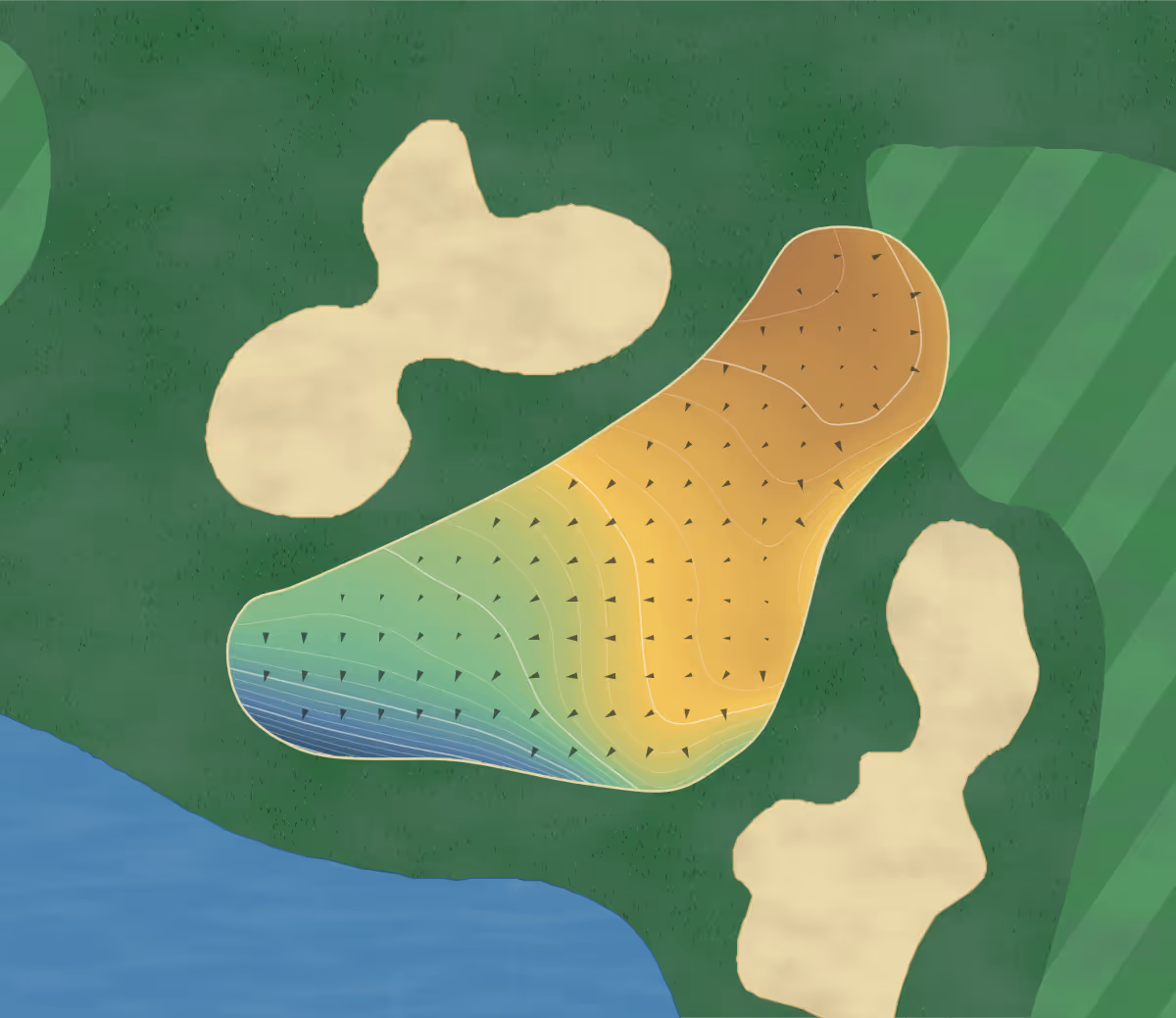 Green contour map of Palmer South in Straffan, Ireland — 230 elevation contours at a 8-centimeter interval with fall-line arrows, traced from 1-meter lidar