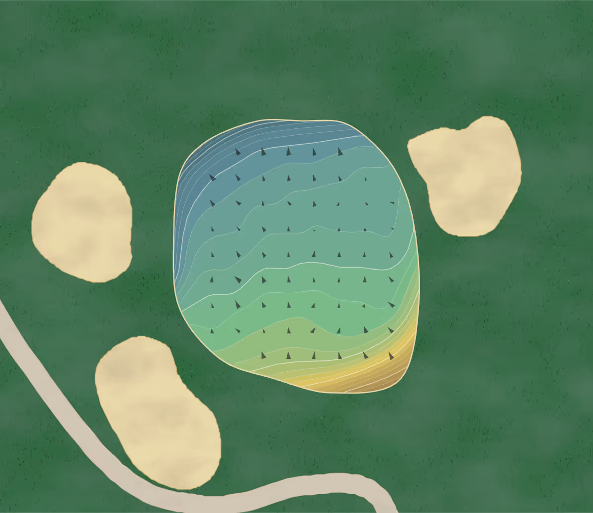 Green contour map of Kalamazoo CC in Kalamazoo, Michigan — 290 elevation contours at a 3-inch interval with fall-line arrows, traced from 1-meter lidar