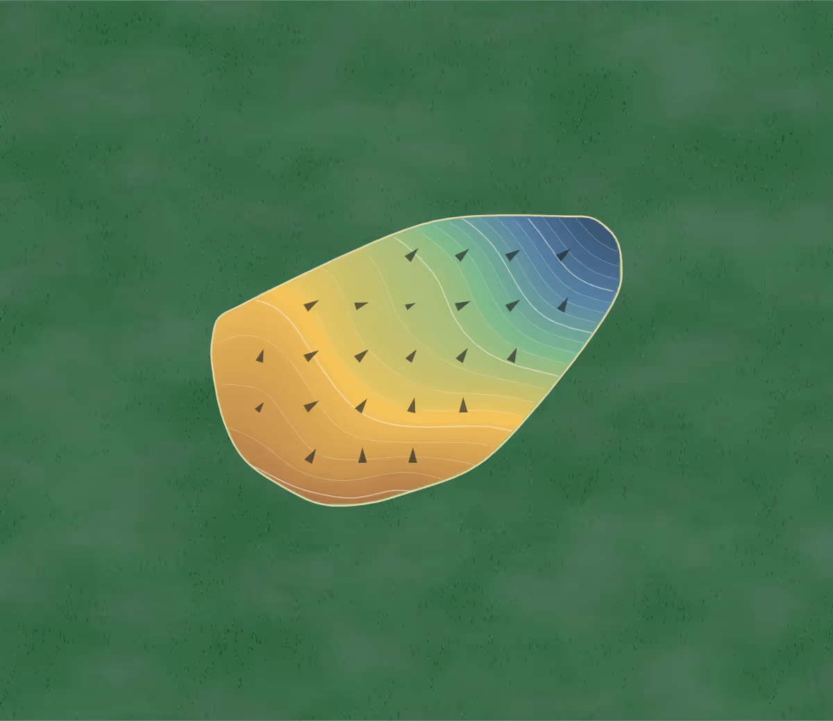 Green contour map of Kamo 9 Hole in Whangarei, New Zealand — 85 elevation contours at a 8-centimeter interval with fall-line arrows, traced from 1-meter lidar