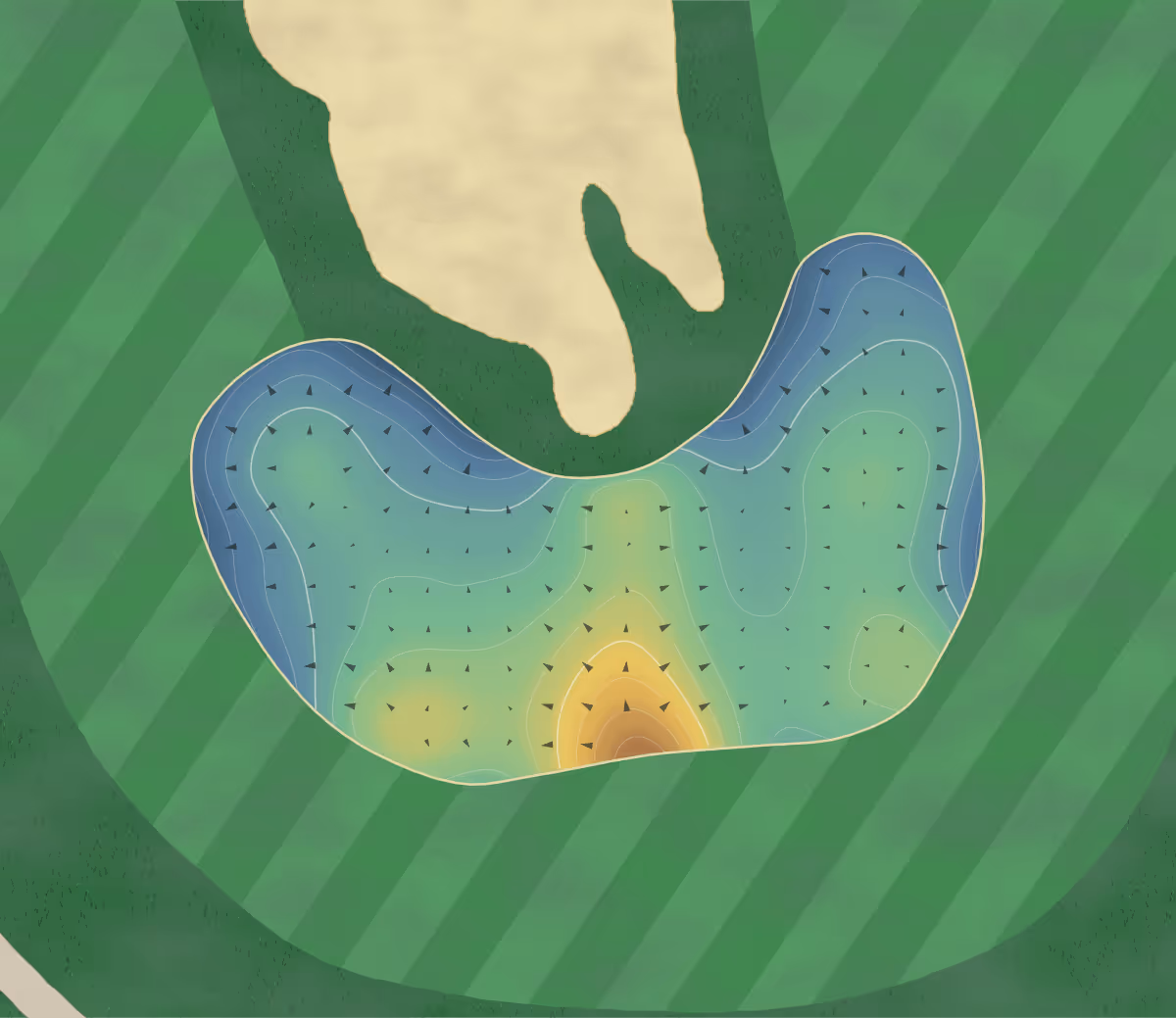 Green contour map of Kampen in West Lafayette, Indiana — 146 elevation contours at a 3-inch interval with fall-line arrows, traced from 1-meter lidar