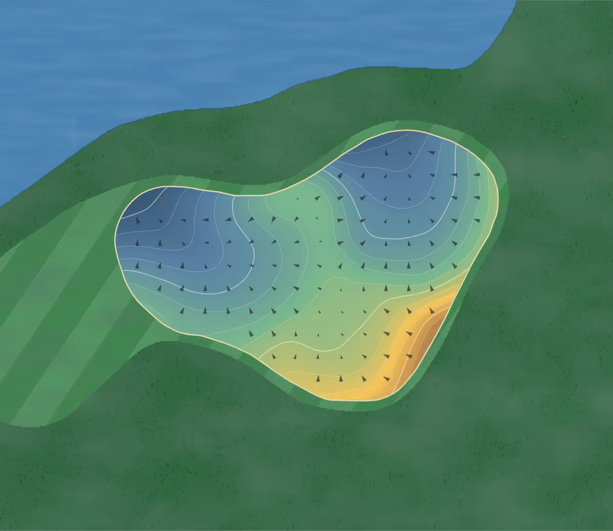 Green contour map of Kanata in Canada — 184 elevation contours at a 8-centimeter interval with fall-line arrows, traced from 1-meter lidar