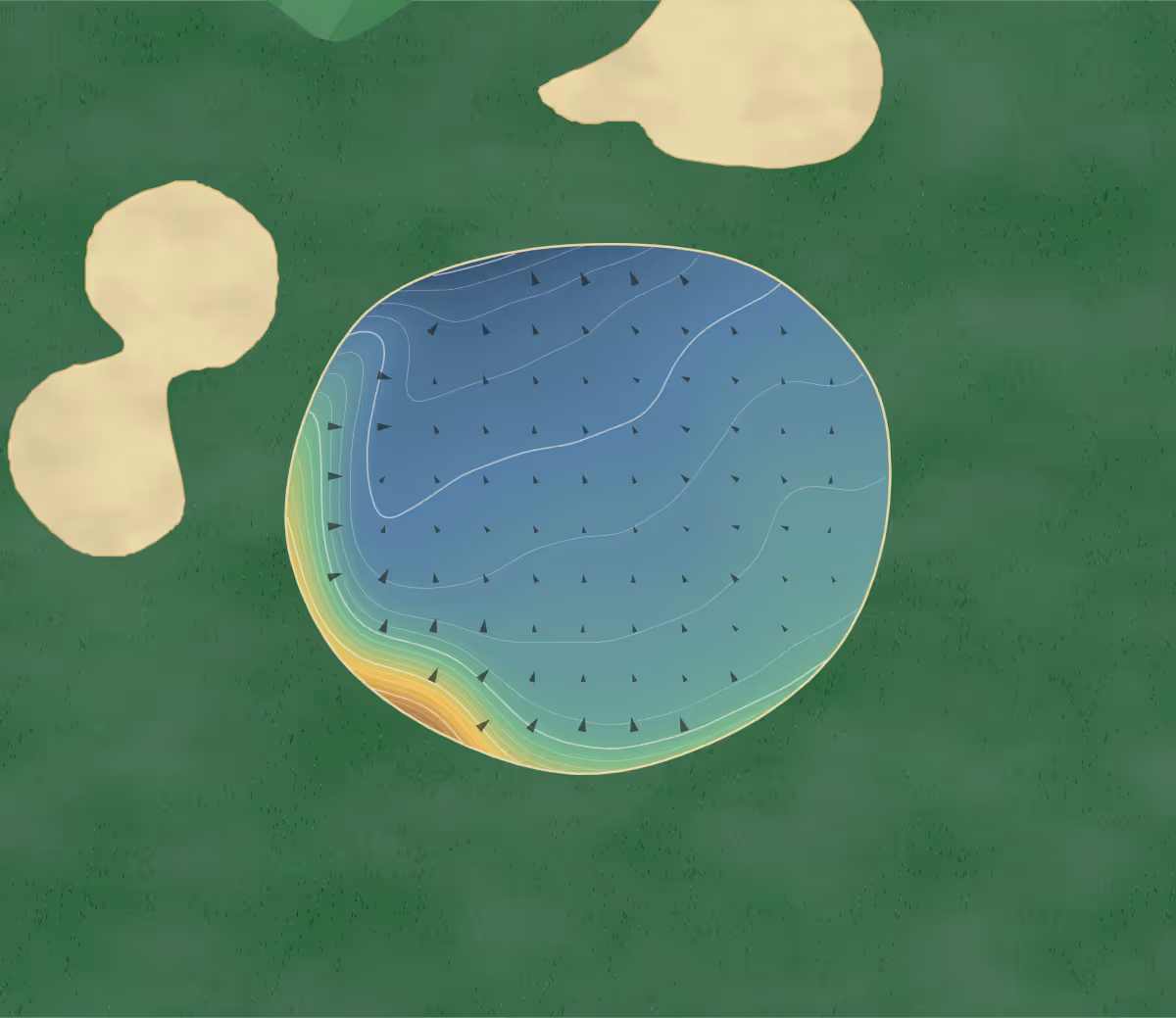 Green contour map of Kanawaki in Kanawake, Canada: 64 elevation contours at a 8-centimeter interval with fall-line arrows, traced from 1-meter lidar