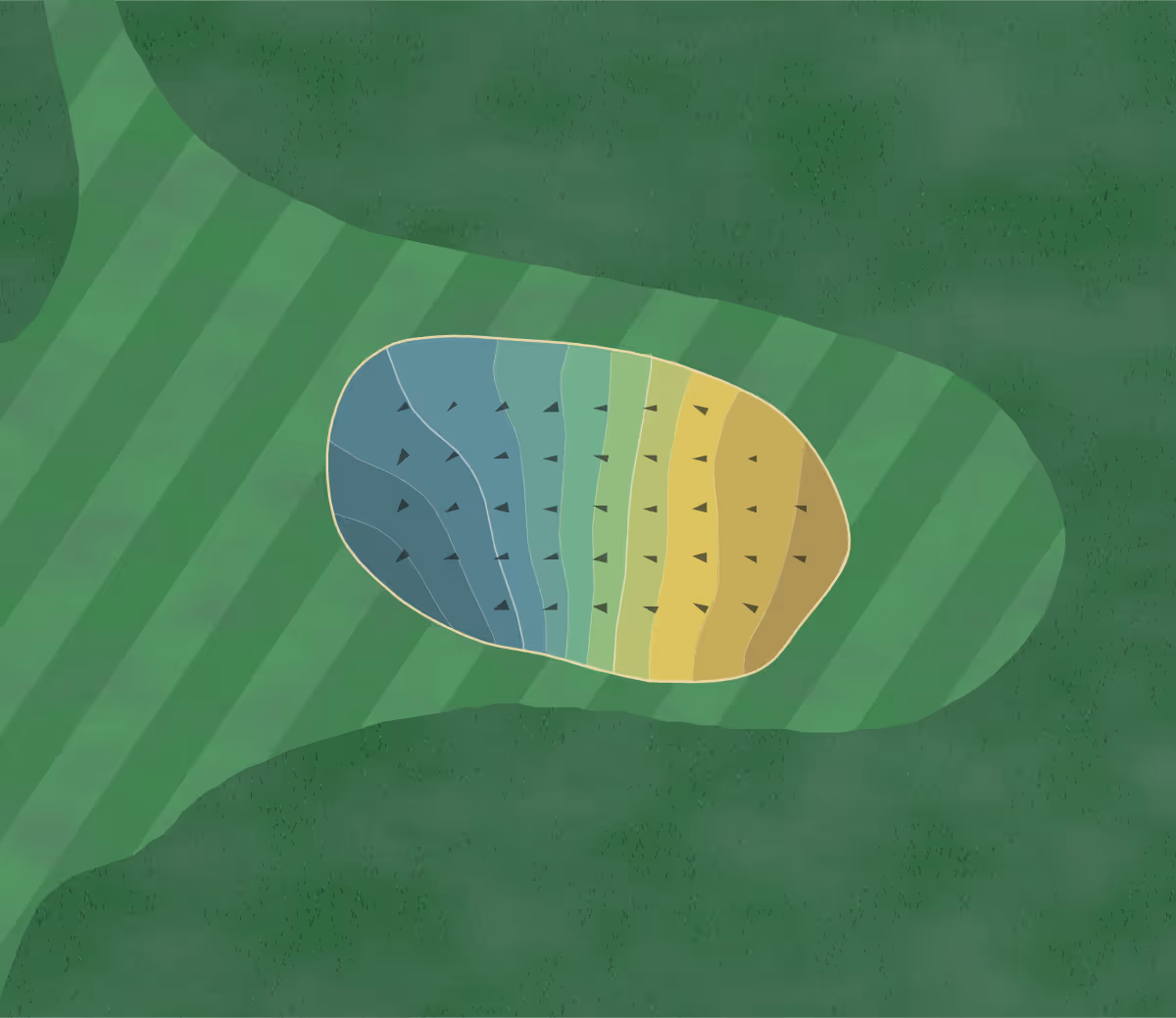 Green contour map of Karmøy Golfklubb in Skudeneshavn, Norway — 64 elevation contours at a 8-centimeter interval with fall-line arrows, traced from 1-meter lidar