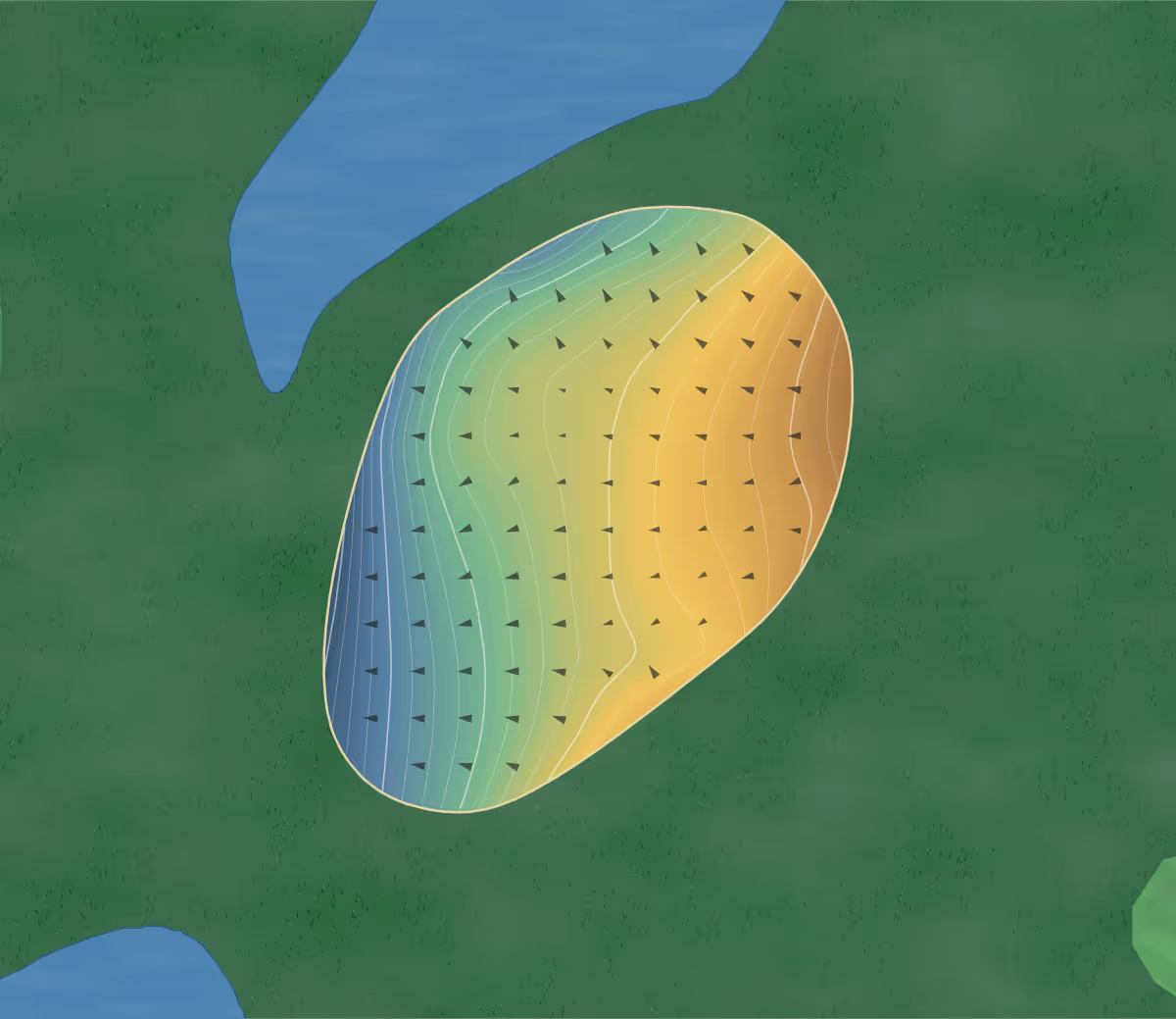 Green contour map of Kasumigaura OGM in Kasumigaura, Japan: 356 elevation contours at a 8-centimeter interval with fall-line arrows, traced from 1-meter lidar