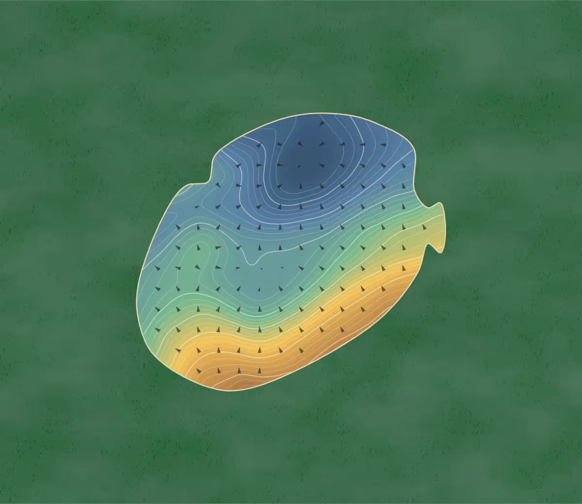 Green contour map of Katepwa Beach in Lebret, Canada: 63 elevation contours at a 8-centimeter interval with fall-line arrows, traced from 1-meter lidar