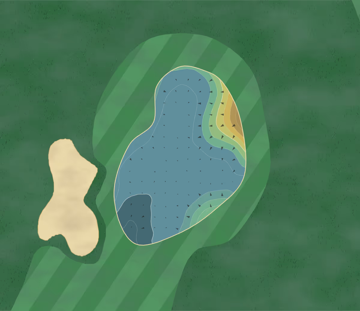 Green contour map of Kavel II Beemster in HR Middenbeemster, Netherlands — 70 elevation contours at a 8-centimeter interval with fall-line arrows, traced from 1-meter lidar