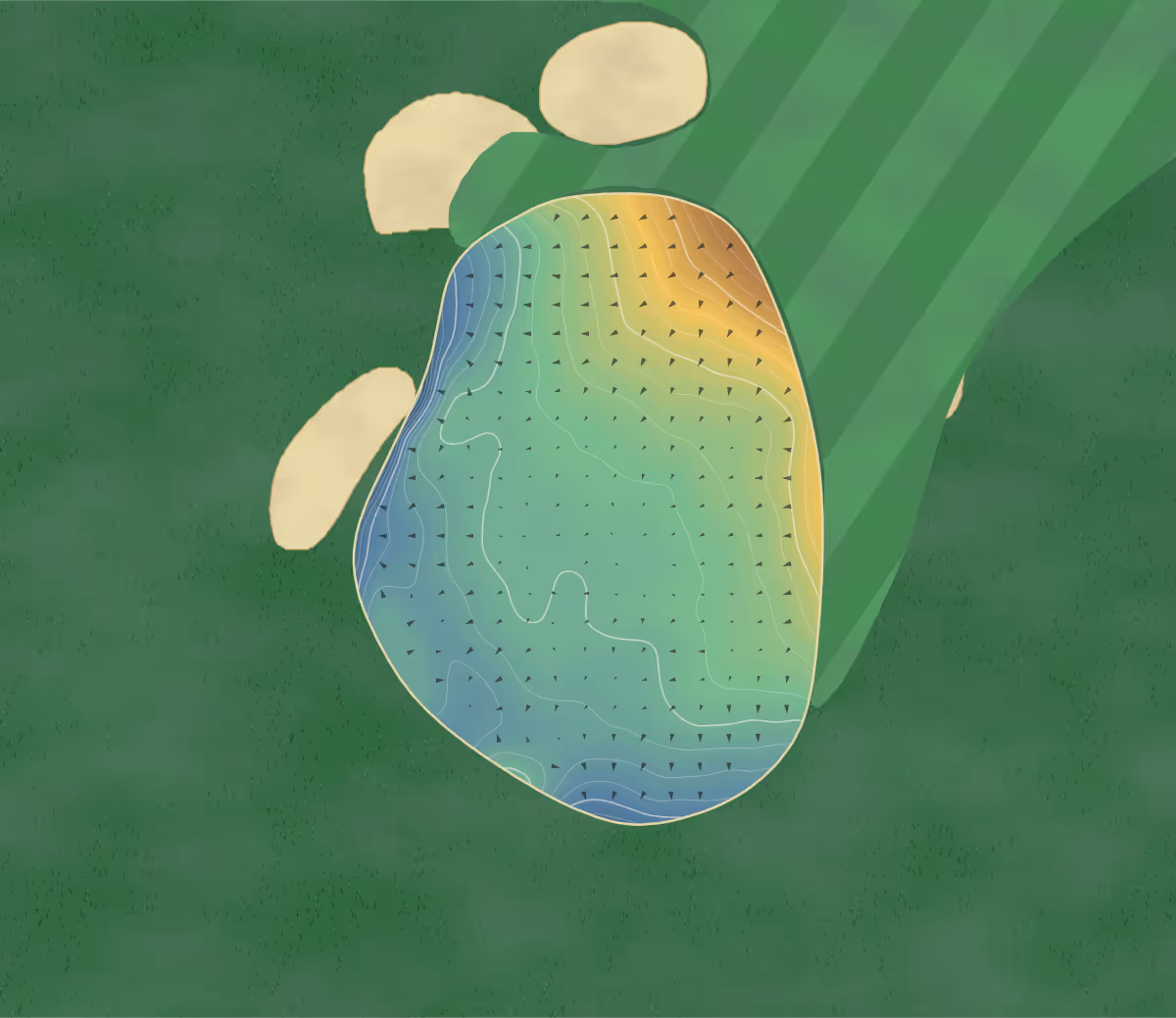 Green contour map of Keith Golf Club in Keith, Scotland: 156 elevation contours at a 8-centimeter interval with fall-line arrows, traced from 1-meter lidar