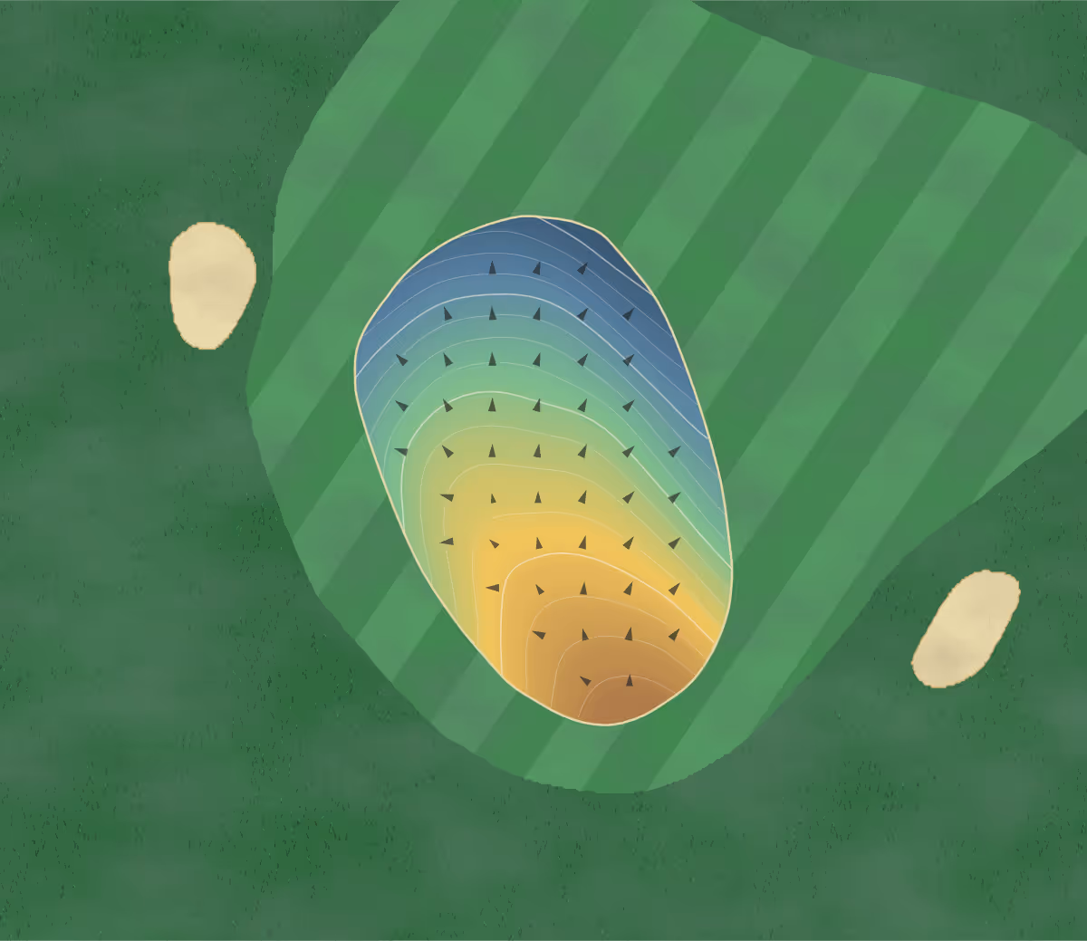 Green contour map of Kelly Greens in Nahant, Massachusetts — 74 elevation contours at a 3-inch interval with fall-line arrows, traced from 1-meter lidar