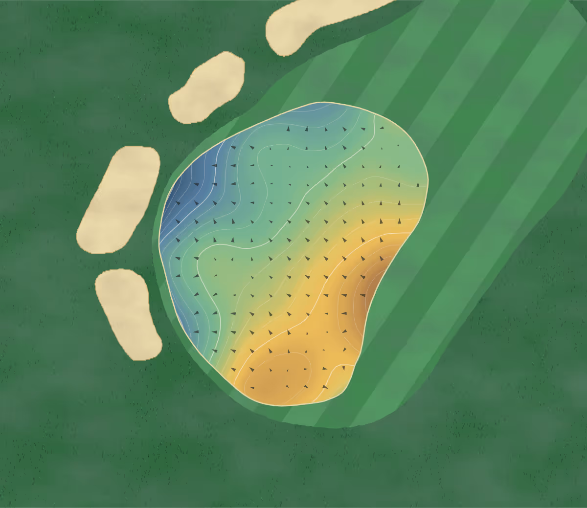 Green contour map of Kelowna Golf & Country Club in Kelowna, Canada — 184 elevation contours at a 8-centimeter interval with fall-line arrows, traced from 1-meter lidar