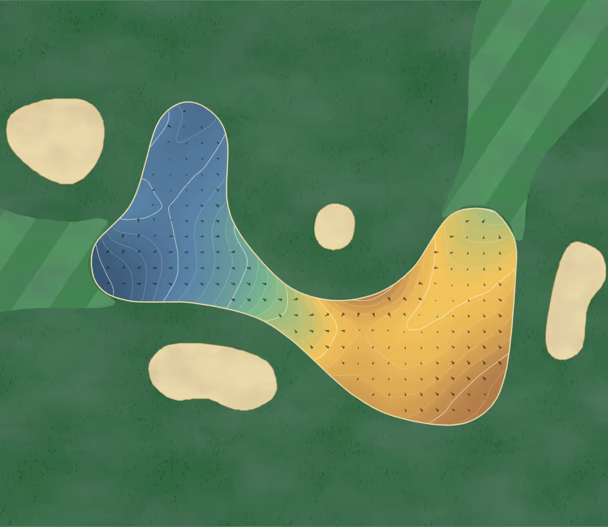Green contour map of Kelowna Springs in Kelowna, Canada — 176 elevation contours at a 8-centimeter interval with fall-line arrows, traced from 1-meter lidar