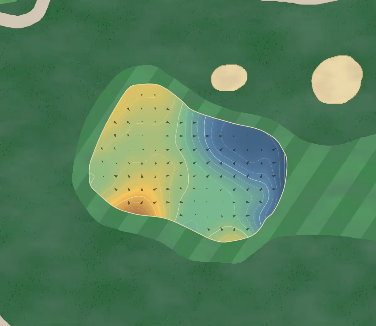Green contour map of Kemnay in Kemnay, Scotland: 85 elevation contours at a 8-centimeter interval with fall-line arrows, traced from 1-meter lidar