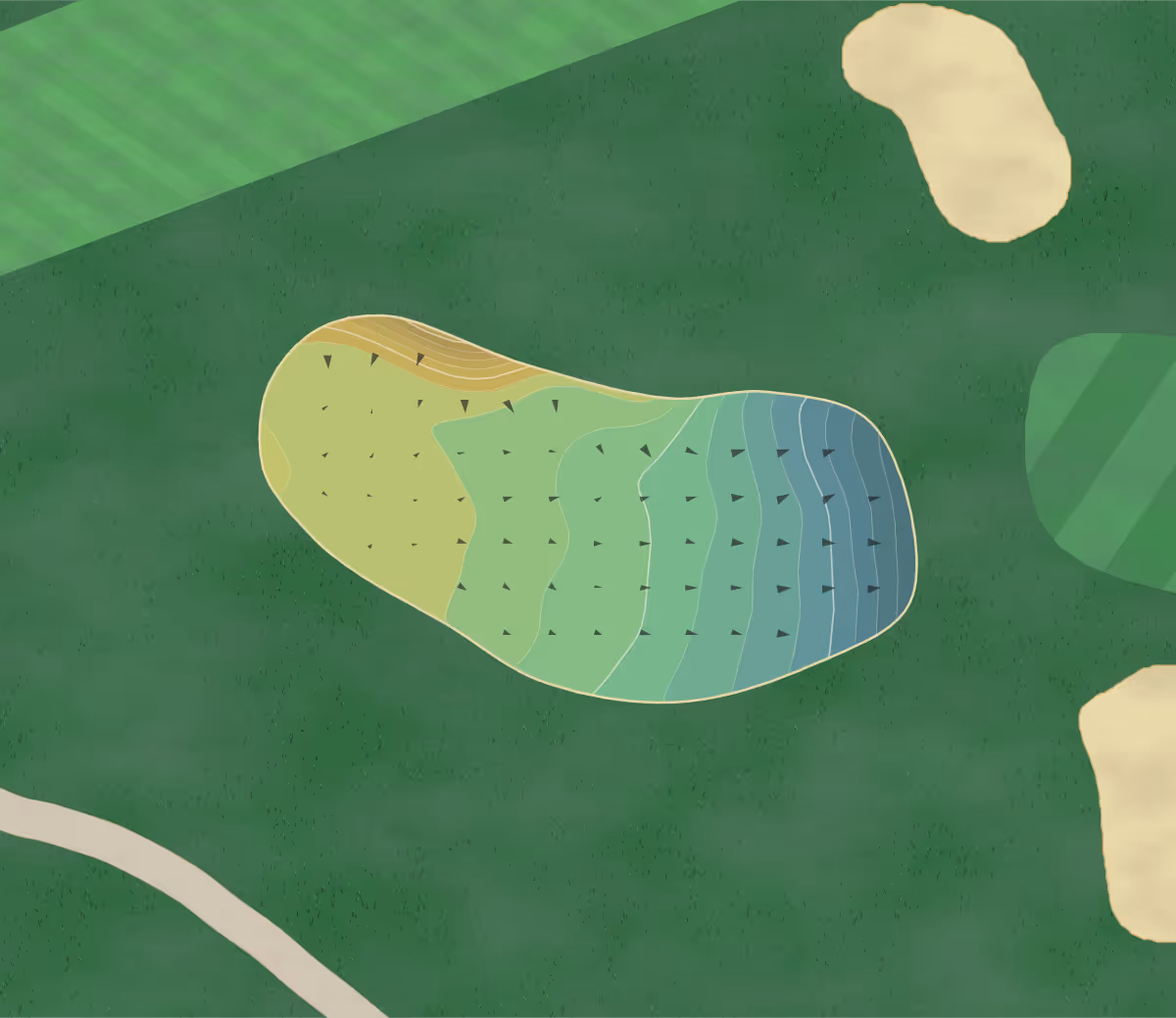 Green contour map of Kenilworth GC in Kenilworth, England — 203 elevation contours at a 8-centimeter interval with fall-line arrows, traced from 1-meter lidar