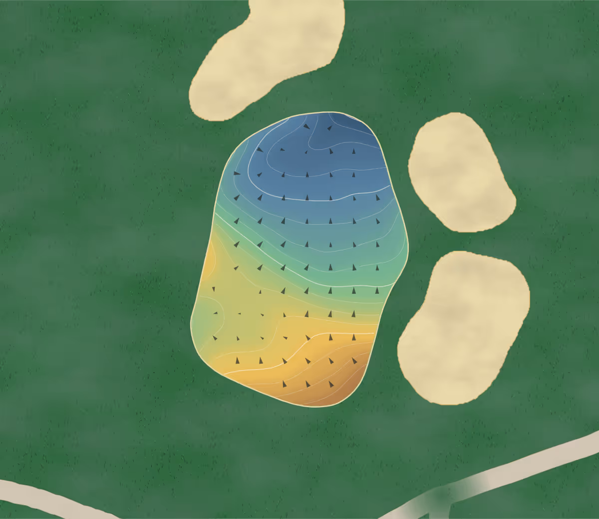 Green contour map of Kent Cc in Grand Rapids, Michigan — 181 elevation contours at a 3-inch interval with fall-line arrows, traced from 1-meter lidar