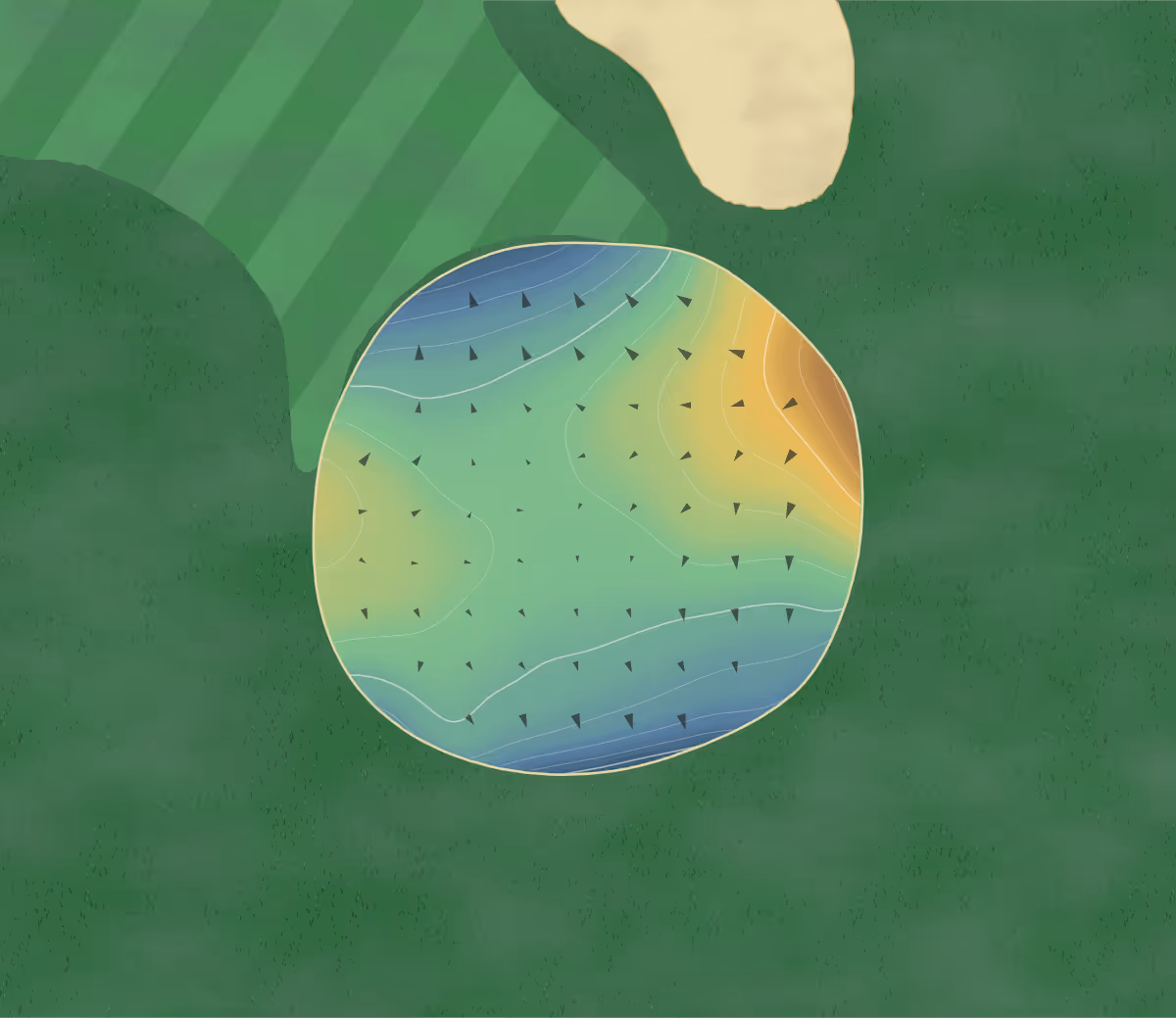 Green contour map of Kent State in Kent, Ohio: 128 elevation contours at a 3-inch interval with fall-line arrows, traced from 1-meter lidar