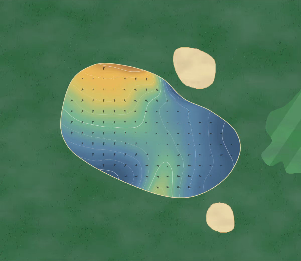 Green contour map of Kent & Surrey in Edenbridge, England: 71 elevation contours at a 8-centimeter interval with fall-line arrows, traced from 1-meter lidar
