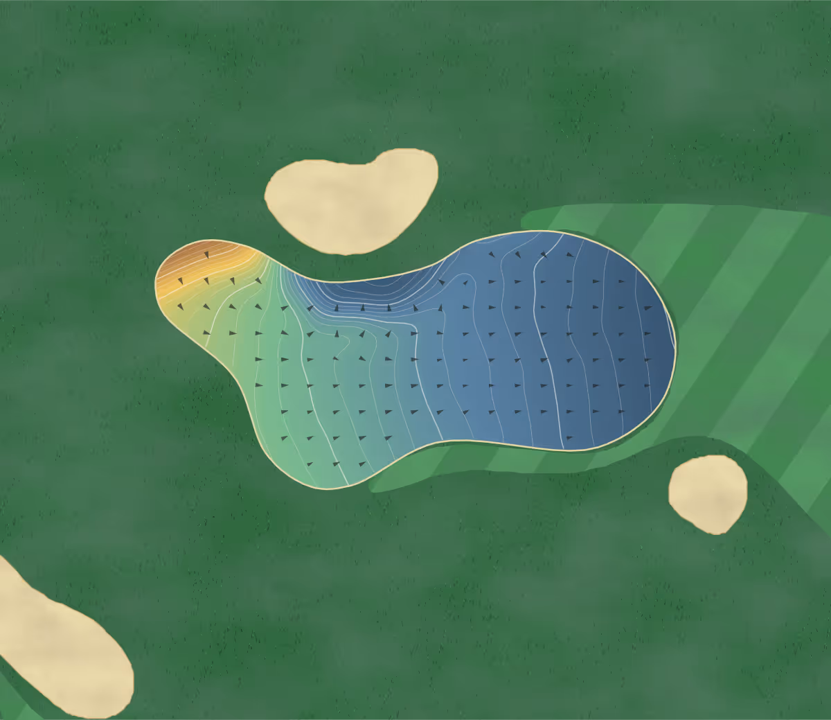 Green contour map of Kenwick Park in Louth, England — 205 elevation contours at a 8-centimeter interval with fall-line arrows, traced from 1-meter lidar