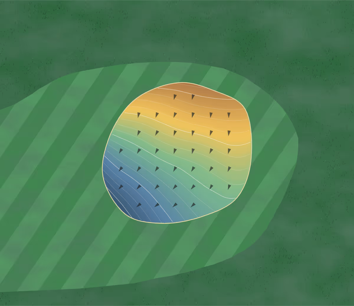 Green contour map of Kernoustie in Lisbon, Iowa — 104 elevation contours at a 3-inch interval with fall-line arrows, traced from 1-meter lidar