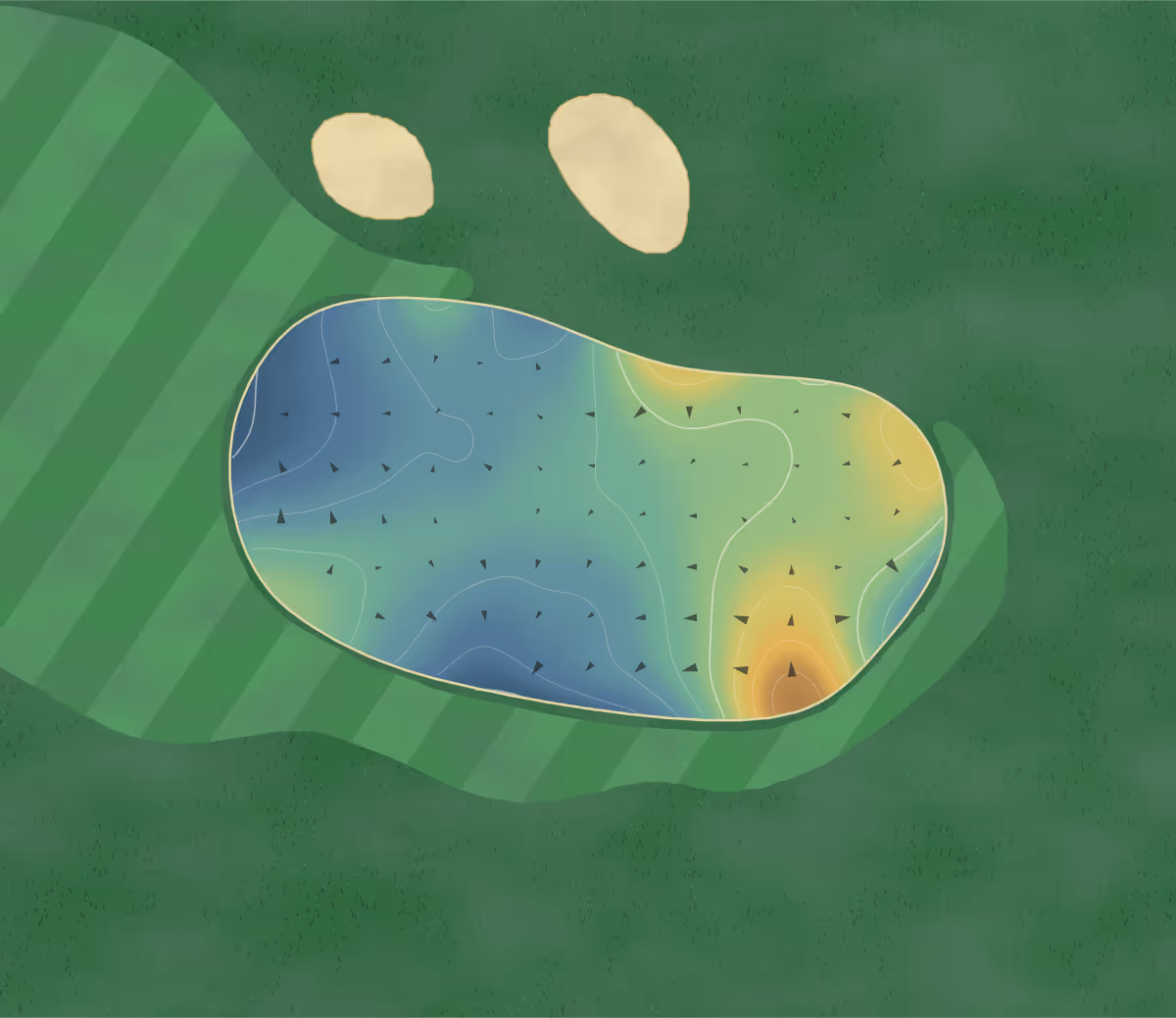 Green contour map of Keswick Club in Keswick, Virginia: 140 elevation contours at a 3-inch interval with fall-line arrows, traced from 1-meter lidar