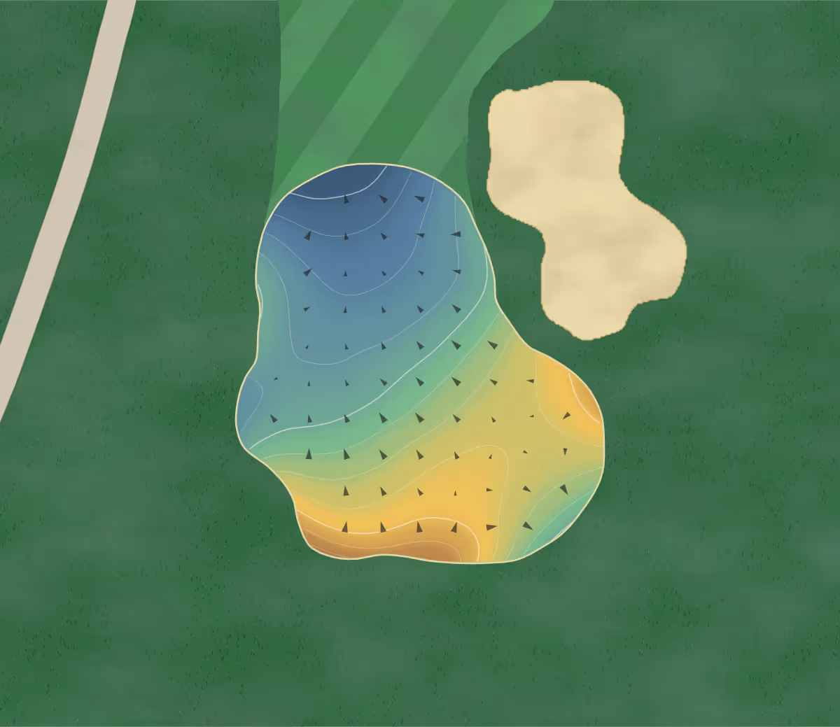 Green contour map of Keth Memorial in Warsaw, Missouri — 196 elevation contours at a 3-inch interval with fall-line arrows, traced from 1-meter lidar