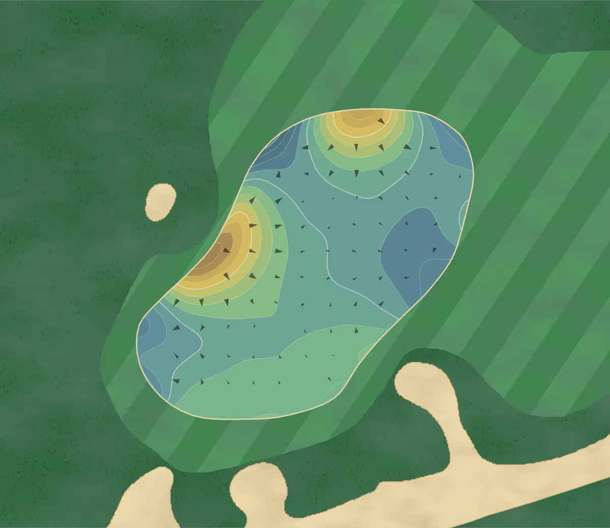 Green contour map of The Ocean Course in Kiawah Island, South Carolina — 154 elevation contours at a 3-inch interval with fall-line arrows, traced from 1-meter lidar