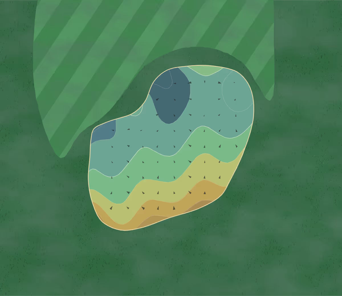 Green contour map of Kierland in Scottsdale, Arizona — 39 elevation contours at a 3-inch interval with fall-line arrows, traced from 1-meter lidar