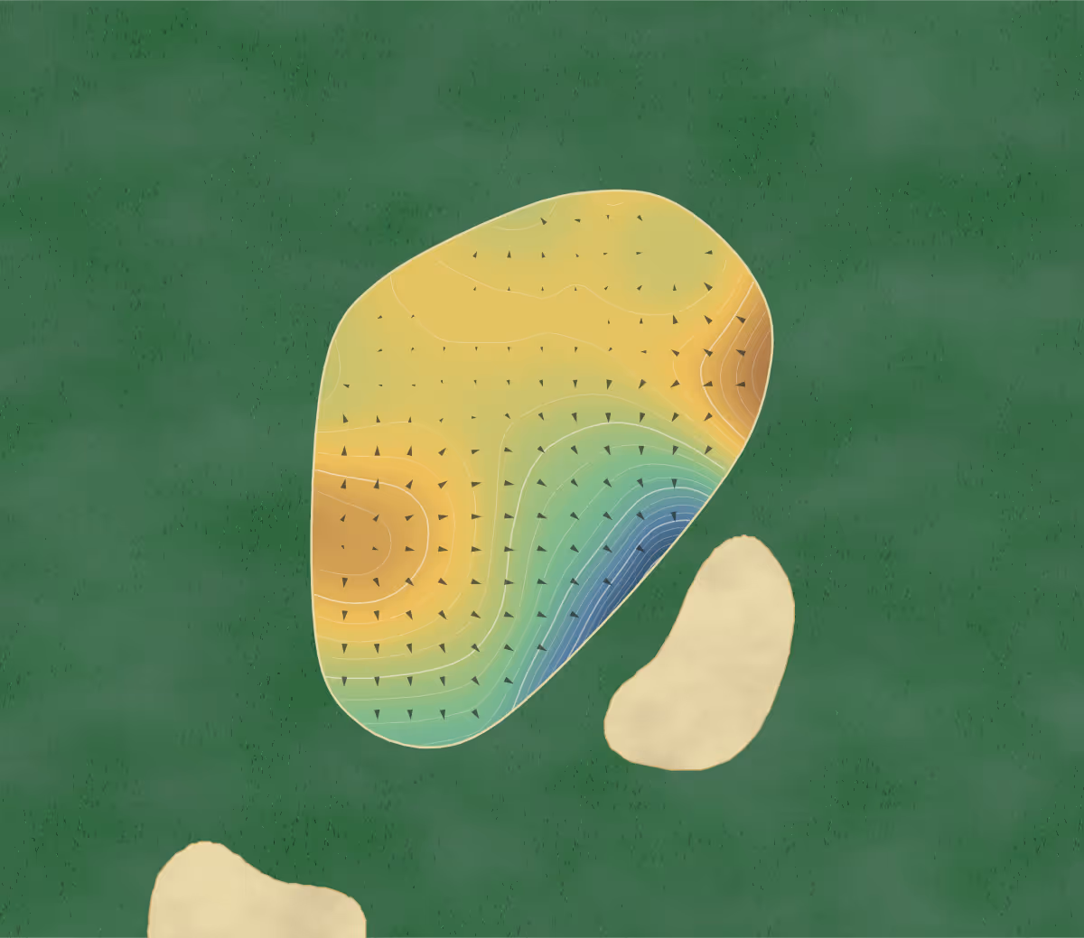 Green contour map of Kilarney Golf & Fishing Club - Lackabane in Killarney, Ireland: 179 elevation contours at a 8-centimeter interval with fall-line arrows, traced from 1-meter lidar