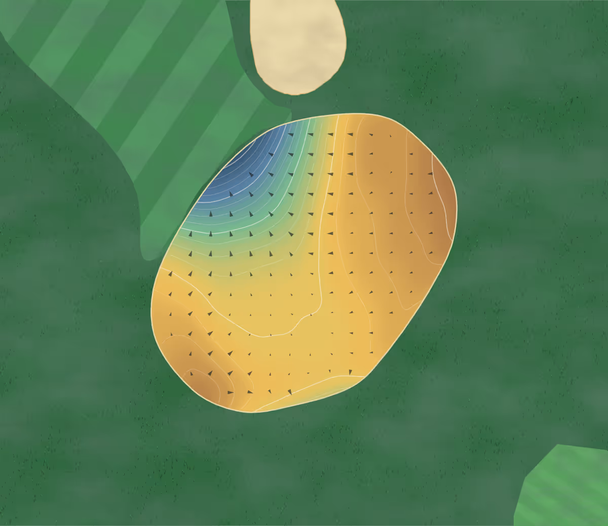 Green contour map of Kilarney Golf & Fishing Club - Mahonys Point in Killarney, Ireland: 211 elevation contours at a 8-centimeter interval with fall-line arrows, traced from 1-meter lidar