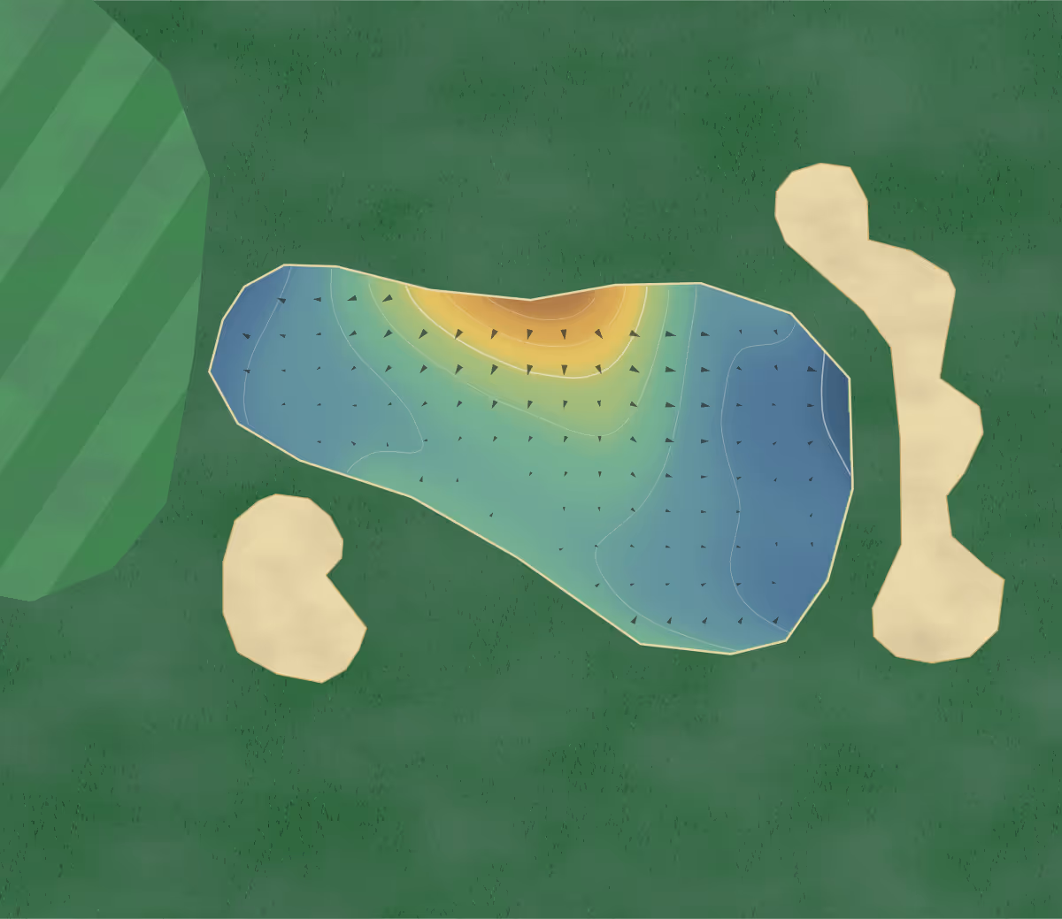 Green contour map of Kilcoole in Co. Wicklow, Ireland: 16 elevation contours at a 8-centimeter interval with fall-line arrows, traced from 1-meter lidar