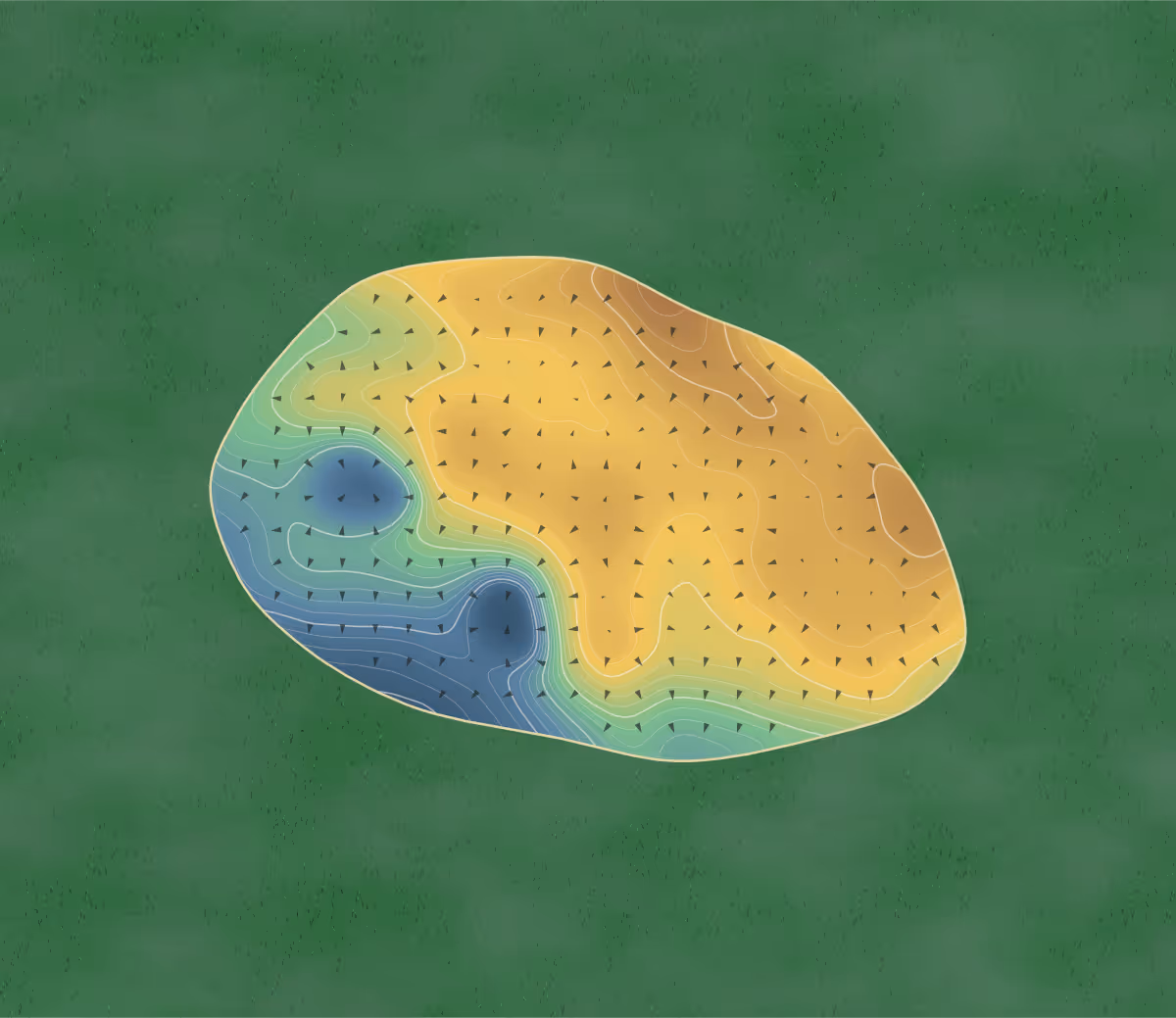 Green contour map of Barassie in Troon, Scotland: 127 elevation contours at a 8-centimeter interval with fall-line arrows, traced from 1-meter lidar